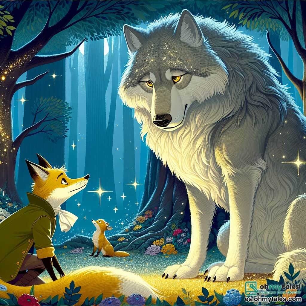 En el centro de la imagen, un Gran Lobo majestuoso, con un pelaje gris plateado y ojos brillantes como estrellas, se encuentra con una expresión de tristeza y determinación. Mira a un joven lobo, acostado sobre un lecho de hojas, su aliento débil, mientras se inclina hacia él con ternura. A la izquierda, un Zorro astuto llamado Fausto, con un pelaje dorado y ojos chispeantes de inteligencia, observa la escena con compasión. Está agachado, listo para intervenir, con una lupa en la mano, simbolizando su papel de detective. El escenario es un claro encantado del bosque de Lúmen, bañado por la suave luz de la luna. Árboles majestuosos rodean la escena, sus hojas brillando como diamantes, mientras una ligera brisa hace bailar las flores coloridas en el suelo. La situación principal muestra al Gran Lobo, preocupado por su joven lobo enfermo, buscando ayuda de Fausto, quien está decidido a entender y ayudar, ilustrando un momento de conexión y solidaridad en el corazón del bosque.