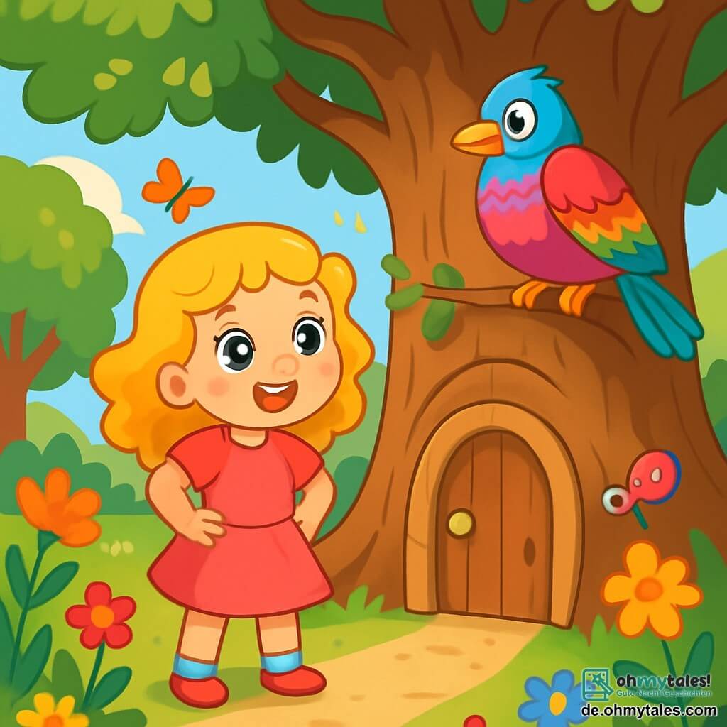 Ein kleines Mädchen von 6 Jahren, Emma, mit goldenen Locken und strahlenden Augen wie Sterne, steht vor einer winzigen Tür in einer großen Eiche. Sie hat ein bewunderndes Lächeln und rosige Wangen, ihre Hände auf den Hüften, bereit zu erkunden. Neben ihr sitzt ein weiser alter Vogel namens Eldor mit schimmernden, bunten Federn, der sie freundlich von einem niedrigen Ast aus betrachtet. Der Ort ist ein magischer Garten, gefüllt mit leuchtenden Blumen, tanzenden Schmetterlingen und majestätischen Bäumen. Sonnenlicht filtert durch die Blätter und schafft tanzende Schatten auf dem Boden. Die Hauptsituation zeigt Emma, voller Aufregung und Neugier, bereit, die geheimnisvolle Tür zu öffnen, die zu einem unglaublichen Abenteuer in einer Welt voller Weisheit und Entdeckungen führt.