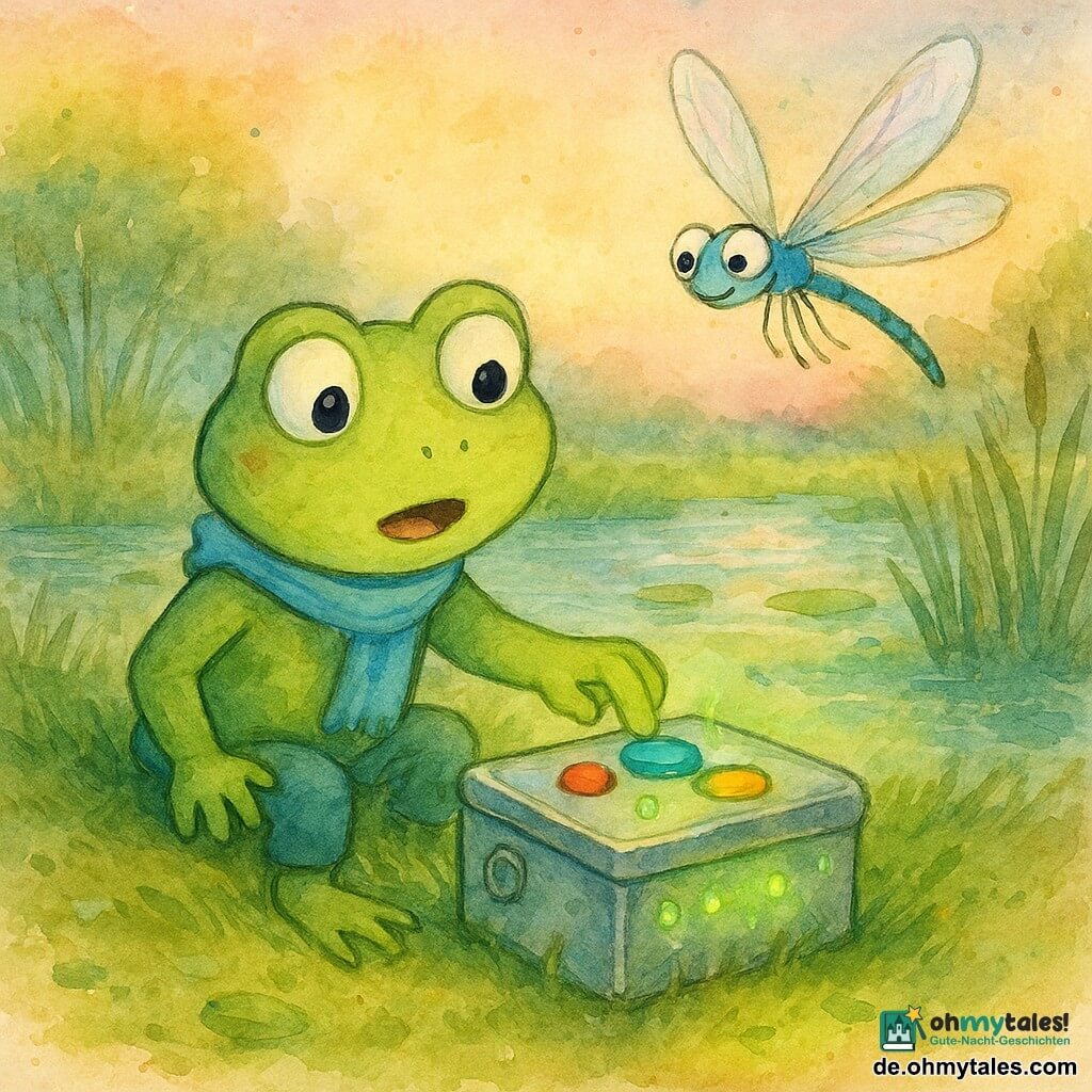 Finn, ein hellgrüner, anthropomorpher Froschjunge mit großen glänzenden Augen und leicht erstaunter Mimik, sitzt auf einem grasigen Ufer, trägt einen himmelblauen Schal und drückt sanft einen blauen Knopf an einer kleinen silbernen Zeitkiste; Bibo, eine zarte Libelle mit irisierenden, leicht verschwommenen Flügeln und einem kleinen Lächeln, schwebt rechts über ihm; die offene Kiste hat bunte Knöpfe (rot, blau, gelb), innen blinkende grüne LEDs und einen leichten grünen Schein; im Hintergrund ein kleiner klarer Bach mit Schilf, Seerosen und funkelnden Wasserreflexen vor einem pastellfarbenen Abendhimmel, Aquarelltexturen und weiche Ränder, Szene: magische Entdeckung und Aktivierung der Zeitmaschine, staunende Atmosphäre, warme Farben, sanfte Kontraste, Komposition zentriert auf Kiste und Freunde.