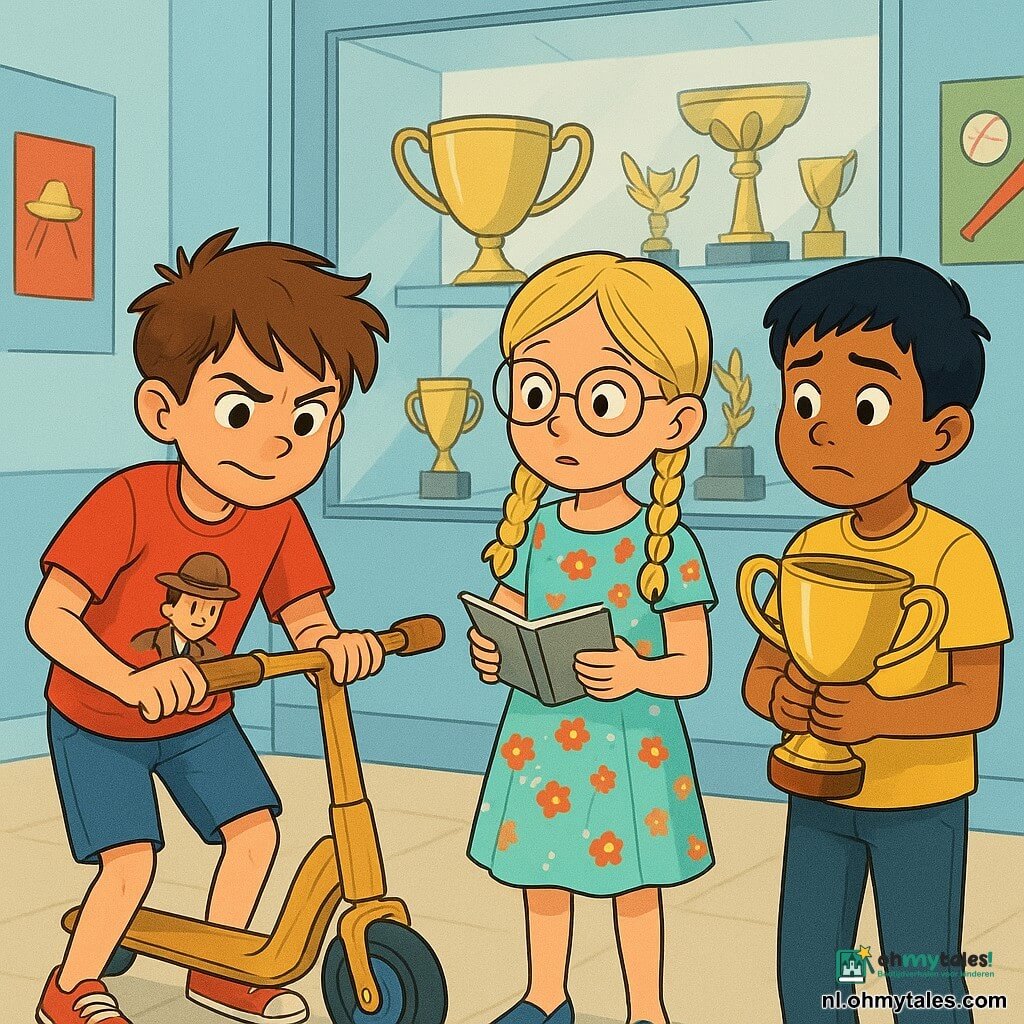 Tom, een 10-jarig jongen, heeft rommelig bruin haar en nieuwsgierige sprankelende ogen. Hij draagt een rode t-shirt met een detective-tekening en een blauwe short. Zijn gezicht straalt blije vastberadenheid uit terwijl hij aandachtig naar een grote houten step kijkt, op zoek naar aanwijzingen. Naast hem kijkt Eva, een 9-jarig meisje met gevlochten blond haar en ronde bril, met een mix van opwinding en bezorgdheid. Ze draagt een bloemenjurk en houdt een klein notitieboekje vast, klaar om aanwijzingen op te schrijven. Samir, een 11-jarig jongen, staat iets op de achtergrond, met zwart haar en levendige ogen. Hij houdt een grote glanzende trofee vast, zijn gezicht toont een schuldige maar opgeluchte uitdrukking. De scène speelt zich af in de lichte gang van de school, met lichtblauwe muren en kleurrijke posters aan de muur. De houten step staat voor een grote vitrine vol glinsterende trofeeën. Tom, Eva en Samir staan rond de step, onderzoeken de aanwijzingen om het mysterie van de verdwenen trofee op te lossen, ieder met een vastberaden uitdrukking op hun gezicht, klaar om de waarheid te ontdekken.