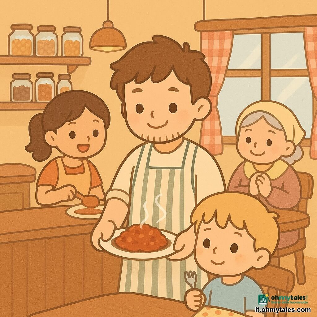 Matteo è al centro, sorridente e sereno, viso rotondo con barba nascente e capelli castani scomposti, con un grembiule crema e verde a righe, tiene un piatto fumante di ragù leggero su una piccola piattina di ceramica bianca; a sinistra Giulia, sui trent'anni, capelli castani legati in coda, sguardo entusiasta, con un cucchiaino guarnisce i piatti vicino a un bancone di legno; una cliente anziana con capelli grigi e foulard giallo chiaro è seduta vicino alla finestra, mani giunte e sorriso verso Matteo, con una tovaglietta a fiori sulle ginocchia; in primo piano Tommaso, un bimbo con farina sulle guance e capelli biondi, tiene una forchettina e osserva curioso; la cucina è calda e accogliente: pareti ocra, mensole di legno con barattoli di pasta e spezie, grande finestra con tendina a quadretti rossi e bianchi e lampade di rame che diffondono luce dorata; la scena mostra Matteo che serve il ragù con una leggera foschia di vapore, atmosfera conviviale, colori caldi, texture semplici e forme arrotondate.