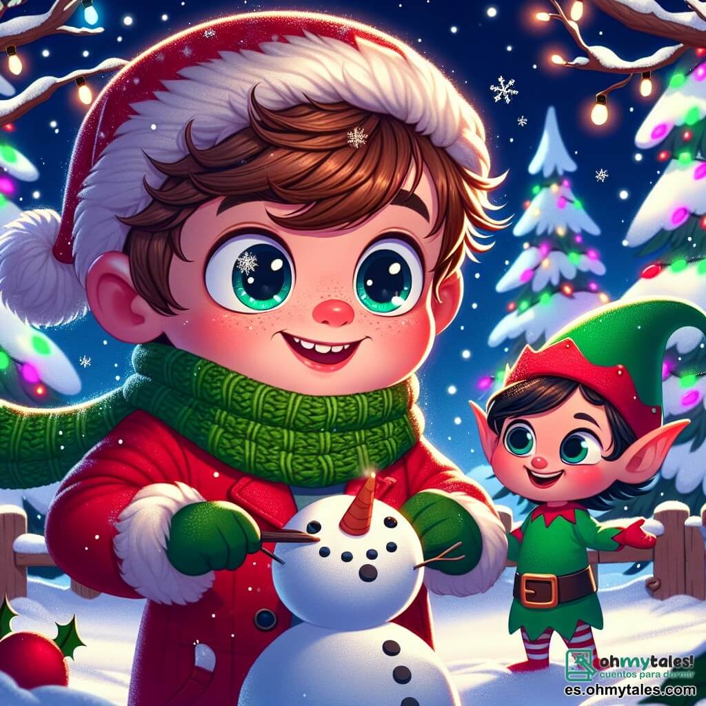 Un niño de 5 años, llamado Miguel, con cabello castaño desordenado y mejillas sonrosadas, lleva un abrigo rojo brillante y una bufanda verde tejida por su abuela. Tiene ojos brillantes de emoción y una gran sonrisa mientras construye un hermoso muñeco de nieve en su jardín, rodeado de copos de nieve brillantes. Junto a él, un pequeño duende llamado Tin, con un sombrero puntiagudo verde y orejas puntiagudas, mide apenas 30 cm. Sonríe traviesamente y sostiene una pequeña caja brillante, listo para compartir la magia de la Navidad con Miguel. El lugar es un jardín nevado, iluminado por guirnaldas navideñas de colores colgadas en los árboles, con un cielo estrellado de fondo, creando un ambiente mágico y cálido. La situación principal muestra a Miguel, maravillado, descubriendo la magia de la Navidad con su amigo el duende, mientras se preparan para compartir regalos encantados bajo las luces brillantes del jardín.