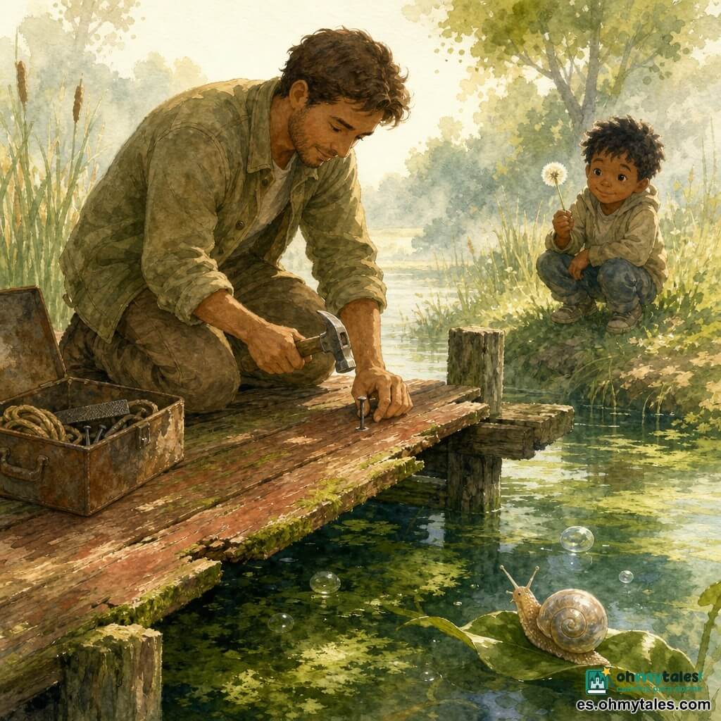 Un hombre (Lucas), de unos treinta años, expresión concentrada y dulce, cabello castaño corto, con chaqueta caqui y pantalón de lona, arrodillado en una pasarela de madera clavando con cuidado un clavo con un pequeño martillo; un niño de unos 6 años, pelo negro alborotado y sonrisa curiosa, sostiene un diente de león en la orilla observando; un pequeño caracol de concha perlada sobre una hoja de alga verde junto al borde; la pasarela de tablones viejos rojizos con musgo y grietas, sostenida por postes, y una caja de herramientas metálica oxidada abierta cerca con clavos, lima y cuerda; el canal cubierto de algas verde esmeralda y oscuro, agua calma que refleja la niebla matinal y cañas amarillas, con algunas burbujas plateadas; ambiente suave y luminoso en tonos pastel tipo acuarela con verdes profundos y marrones cálidos, luz matinal filtrada y sombras delicadas; la escena muestra a Lucas reparando una tabla frágil de modo atento y protector mientras el niño y el caracol observan.