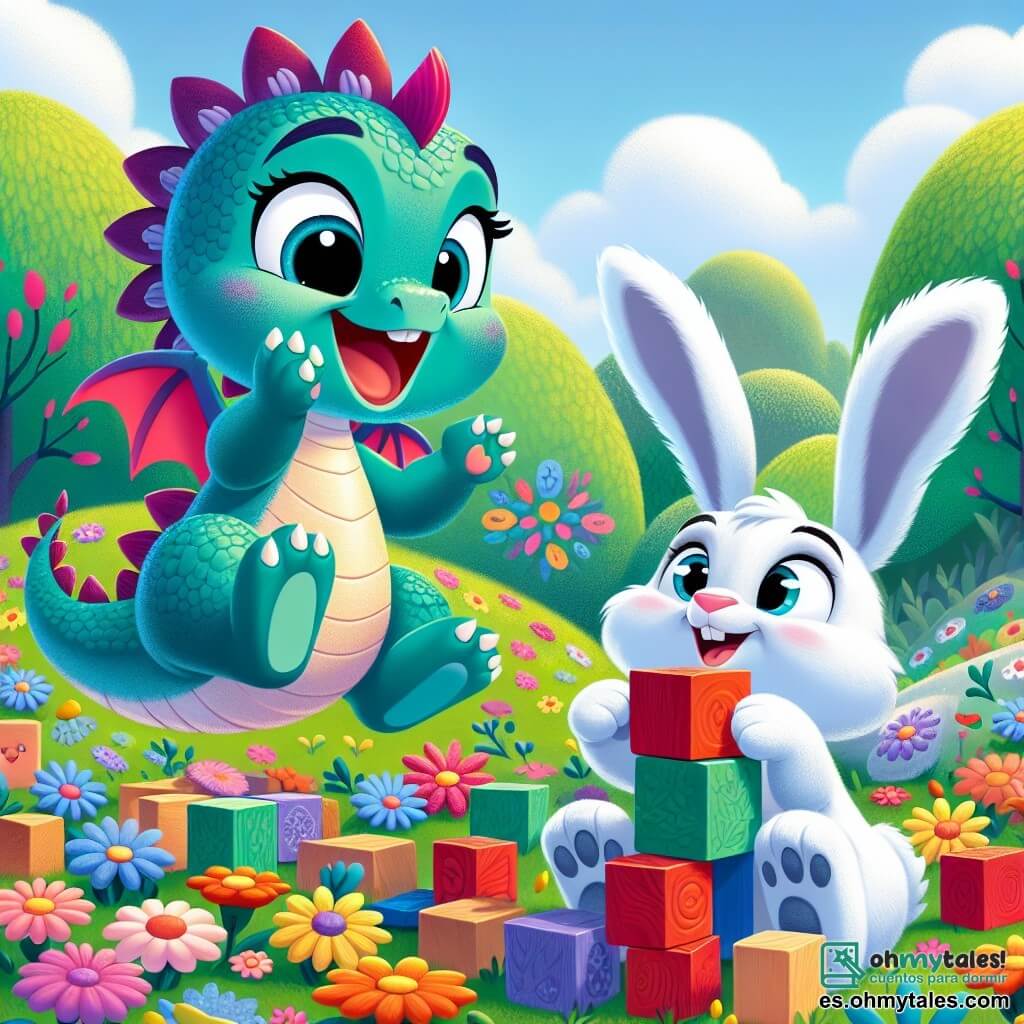 Una pequeña dragona llamada Lila, con escamas brillantes de color turquesa y alas suaves como terciopelo, expresa una alegría deslumbrante, su sonrisa iluminando su rostro. Está saltando alegremente en un campo de flores coloridas, con los ojos brillando de felicidad. A su lado, un pequeño conejo llamado Nico, con pelaje blanco y grandes orejas, muestra una expresión de orgullo y emoción, sosteniendo un bloque de madera roja con sus patas delanteras. Ambos se encuentran en medio de un hermoso paisaje forestal, con árboles verdes de hojas brillantes y un cielo azul salpicado de nubes esponjosas. La escena representa el momento en que Lila y Nico construyen juntos una gran torre de bloques coloridos, rodeados de flores vibrantes y una atmósfera alegre, simbolizando la amistad y el compartir.