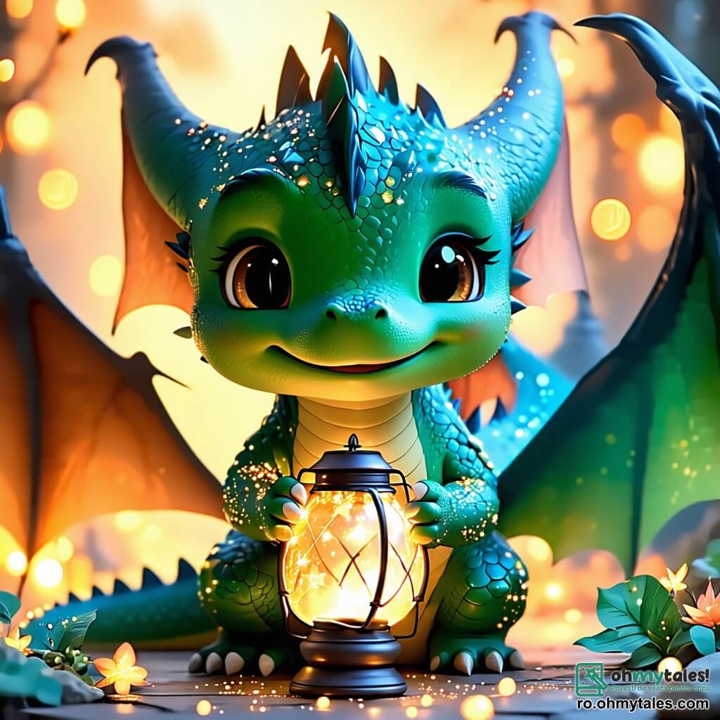 Fluffy, un mic dragonaș cu solzi strălucitori ca stelele, este în centrul imaginii, cu un zâmbet larg și uimit pe fața sa veselă. El ține un lampion magic care strălucește, iluminându-i fața cu o lumină aurie. Lângă el, Dragoneta, mama sa dragon cu solzi verzi și ochi blânzi, îl privește cu tandrețe, zâmbind călduros. În fundal, familia Goblini, creaturi prietenoase cu pielea aspră și ochi sclipitori, stă lângă o masă decorată cu supe delicioase, fețele lor radiază de fericire. Sunt înconjurați de baloane colorate care plutesc în aer, adăugând o notă festivă scenei. Locația este o poieniță fermecată, luminată de luna, cu copaci măreți și flori strălucitoare dansând în vânt. Lanternile suspendate creează o atmosferă caldă și magică. Situația principală arată cum Fluffy și familia sa împărtășesc un moment de bucurie și surpriză, descoperind lampionul magic care le iluminează seara de Ramadan, simbolizând dragostea și convivialitatea.