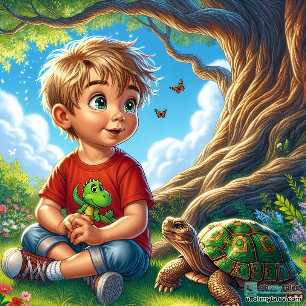 Een vierjarig jongetje genaamd Max, met rommelig blond haar en sprankelende nieuwsgierige ogen, zit onder een grote oude boom met een knoestige stam. Hij draagt een rood t-shirt met een dinosaurusafbeelding en een spijkerbroekshort, en zijn gezicht toont een zachte verwondering terwijl hij naar de wolken in de blauwe lucht kijkt. Naast hem ligt een oude wijze schildpad met een groene schild versierd met gouden patronen op het gras. Ze heeft zachte en wijze ogen en lijkt aandachtig naar Max te luisteren, alsof ze haar kennis deelt. De plek is een betoverende tuin, vol met kleurrijke bloemen en vlinders die omheen fladderen. De zon straalt door de bladeren van de boom en creëert dansende schaduwen op de grond. Max stelt de schildpad een vraag over zijn plaats in de wereld, terwijl de schildpad, met een welwillende glimlach, hem waardevolle adviezen geeft over zelfontdekking en het belang van vriendschap.