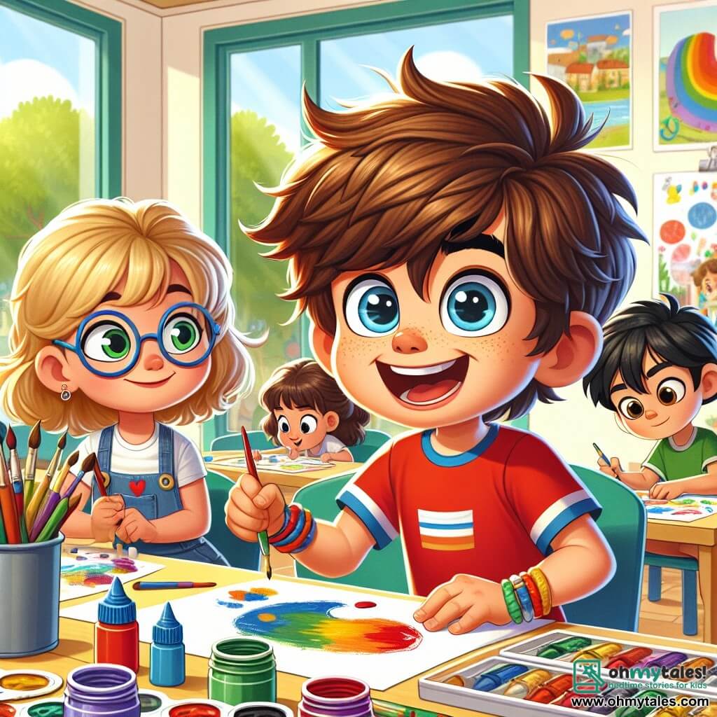 A 7-year-old boy, Max, with messy brown hair and sparkling blue eyes, is enthusiastically painting at an art table. He wears a red t-shirt and blue shorts, and his face shows great joy and concentration. Next to him, his best friend Lily, a 7-year-old girl with braided blonde hair and round glasses, admires his work while holding a colorful paint palette. She smiles and encourages Max. In the background, Jake, a 7-year-old boy with black hair and a green t-shirt, sits in a chair, focused on drawing a large tree on his paper. The scene takes place in a bright room at the Sunnyville community center, decorated with colorful posters and children's creations on the walls. Large windows let in sunlight, illuminating the tables filled with art supplies. The main situation shows Max and his friends having fun creating art together, celebrating the joy of playing and creating without screens, while sharing laughter and encouragement.