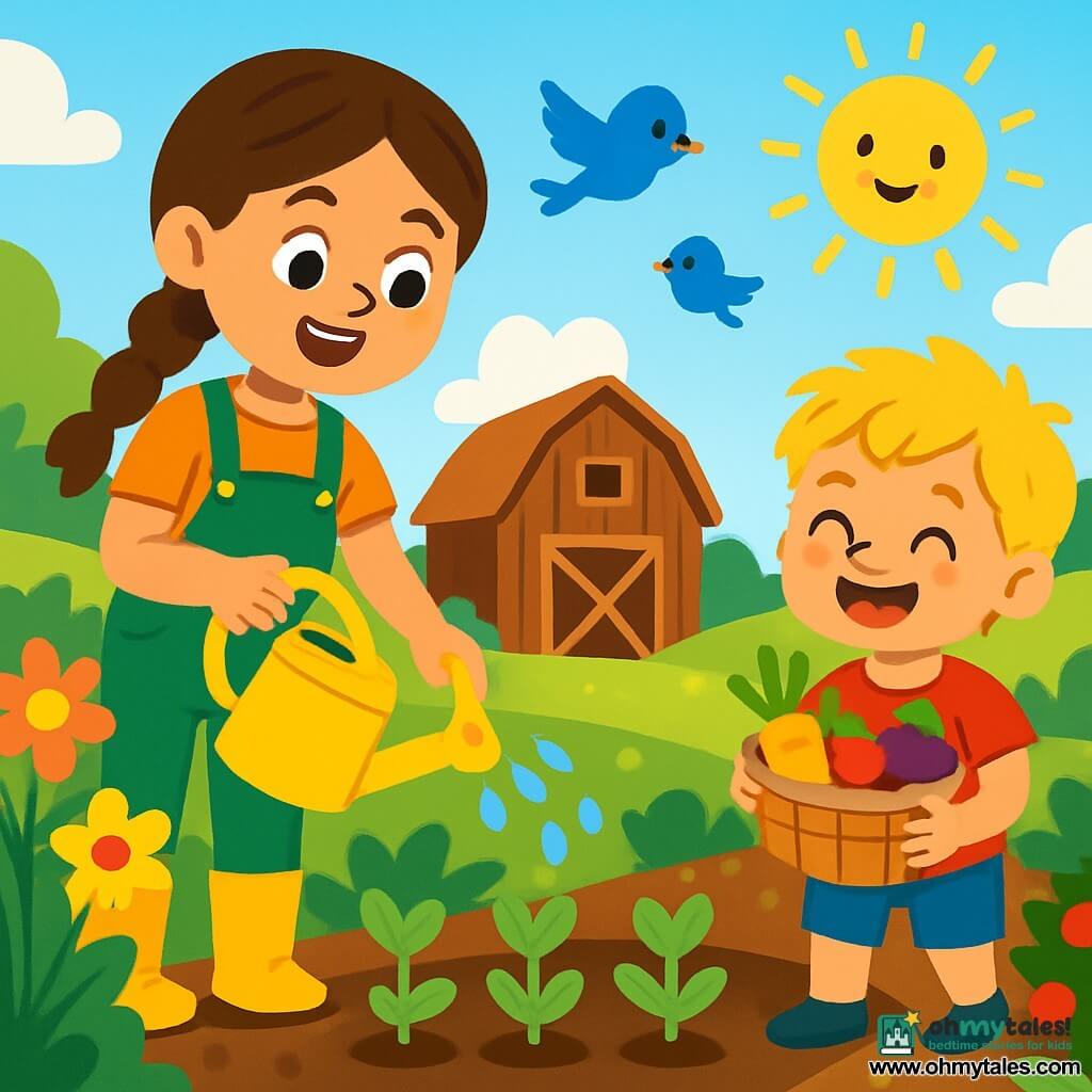 A young woman named Maya, with brown hair in a braid, wears a green overall and rubber boots. She has a radiant smile and sparkling eyes as she waters her small plants in the garden. Next to her, a 7-year-old boy with messy blonde hair holds a small basket filled with freshly picked vegetables, smiling joyfully with rosy cheeks from the effort. The garden is vibrant, with rows of colorful vegetables, bright flowers, and birds singing in the blue sky. In the background, an old wooden barn stands surrounded by lush fields under a bright sun. Maya and the boy are busy watering the young sprouts, their faces glowing with happiness and enthusiasm, sharing a moment of camaraderie in the lively farm atmosphere.