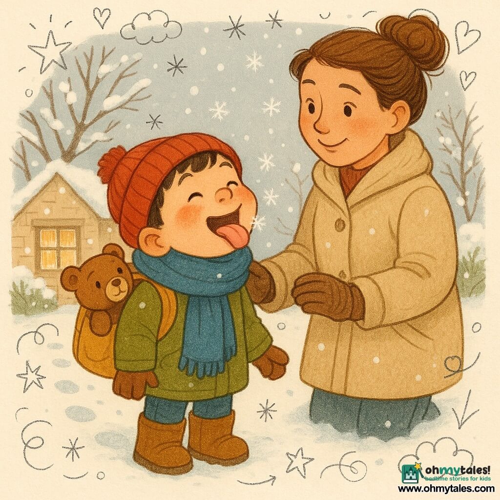 A joyful, peaceful scene of a 4-year-old boy with a round, chubby face and rosy cheeks, smiling with his tongue out to catch a snowflake; he wears a red wool hat, a chunky blue scarf and thick boots, a small brown teddy peeks from his backpack, and behind him a woman in her thirties with light brown hair in a bun, a beige coat and knitted gloves looks on tenderly, lightly supporting his shoulder; they stand in a snowy garden before a stone house with paned windows, snow-covered branches, round footprints in fresh snow and visible flakes against a pale gray sky, soft lighting and sharp textures, warm clothing colors contrasting with the cold white landscape.