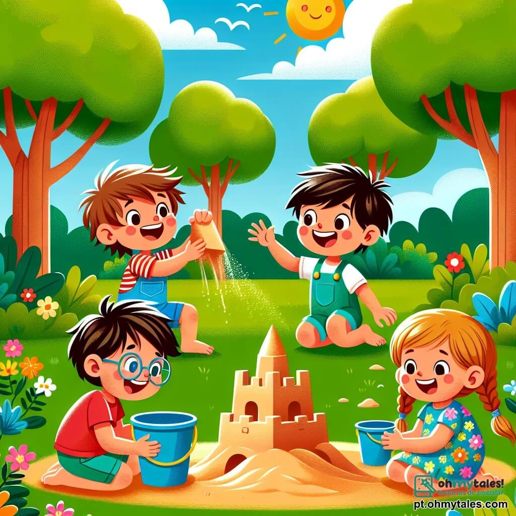 Um menino de 4 anos, Lucas, com cabelos castanhos bagunçados e um grande sorriso, está brincando em um parque ensolarado. Ele usa uma camiseta vermelha e um short azul, e está jogando areia para o alto, rindo de coração. Ao lado dele, Clara, uma menina de 4 anos com cabelos loiros trançados e um vestido colorido, está moldando uma torre de areia, concentrada e alegre. Miguel, um menino de 4 anos com cabelos pretos e óculos redondos, está agachado cavando uma vala ao redor do castelo de areia, com um olhar determinado. Por fim, Sofia, uma menina de 4 anos com cabelos castanhos e duas tranças, está em pé segurando um balde azul, pronta para despejar água na vala, exibindo um grande sorriso. O local é um parque vibrante, repleto de verde, com árvores majestosas e flores coloridas ao redor. A cena principal mostra os quatro amigos construindo um castelo de areia juntos, rindo e se divertindo, criando uma atmosfera alegre e amigável.