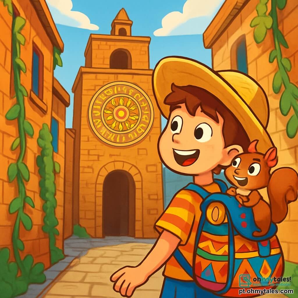 Um garoto chamado Theo, com cerca de 10 anos, está diante de uma antiga torre do calendário, seu rosto iluminado pela excitação e curiosidade. Ele usa um grande chapéu de palha, uma camiseta listrada e um short, com uma mochila colorida nas costas, cheia de objetos misteriosos. Ao seu lado, um esquilo chamado Saltitão, com pelagem marrom e olhos brilhantes, sobe em seu ombro, olhando ao redor com uma expressão travessa. A cena acontece em uma viela de paralelepípedos, cercada por antigos edifícios de tijolos, onde trepadeiras verdes sobem pelas paredes. O céu é azul e nuvens brancas flutuam suavemente. A torre do calendário, majestosa e desgastada pelo tempo, se ergue ao centro, com seu relógio dourado brilhando ao sol. Theo e Saltitão se preparam para entrar na torre, seus corações batendo de excitação ao descobrirem um passageiro secreto que pode levá-los a tesouros esquecidos.