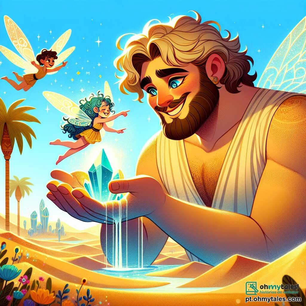 Um gigante chamado Tiberius, com uma estatura impressionante e um rosto suave, está no centro da imagem, sorrindo com olhos brilhantes de curiosidade. Sua pele tem um tom dourado e ele veste uma túnica leve com padrões de dunas de areia. Ele segura um cristal brilhante em suas grandes mãos, iluminando seu rosto com um brilho mágico. Ao seu lado, uma pequena fada chamada Lila, com asas cintilantes e cabelos cacheados de cor turquesa, voa alegremente ao seu redor. Ela aparenta ter cerca de 10 anos e sua expressão está cheia de excitação e alegria, enquanto aponta para o cristal com admiração. O cenário é uma oásis mágica, cercada por dunas de areia dourada sob um céu azul radiante. Palmeiras majestosas se erguem ao redor e flores coloridas brotam no chão, acrescentando vida a esta paisagem encantadora. A situação principal mostra Tiberius e Lila celebrando a descoberta do Cristal da Vida, um momento de triunfo e amizade, enquanto a luz do cristal começa a revitalizar a oásis, fazendo jorrar respingos de água e cores vibrantes ao redor deles.