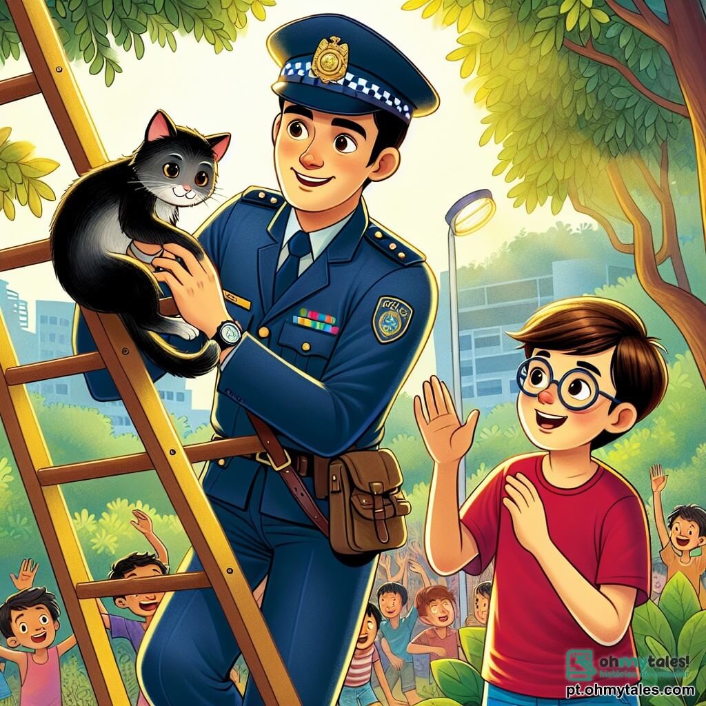 Um policial homem, na casa dos trinta anos, com um uniforme azul-marinho, um sorriso caloroso e olhos brilhantes de bondade, está descendo de uma escada, segurando delicadamente um pequeno gato preto em seus braços. Ele tem cabelos castanhos, curtos, e usa um boné de policial. Ao seu lado, um garoto de doze anos, Lucas, com cabelos castanhos e óculos redondos, observa a cena com admiração, com os braços levantados em sinal de incentivo. Ele veste uma camiseta vermelha e um short azul, e se posiciona logo abaixo da escada, pronto para ajudar. Ao fundo, um parque verdejante, iluminado, com árvores frondosas e crianças reunidas, aplaudindo e sorrindo, criando uma atmosfera alegre e animada. A situação principal mostra o policial salvando um gato preso em uma árvore, enquanto Lucas e as outras crianças o incentivam, ilustrando o espírito de ajuda mútua e comunidade.