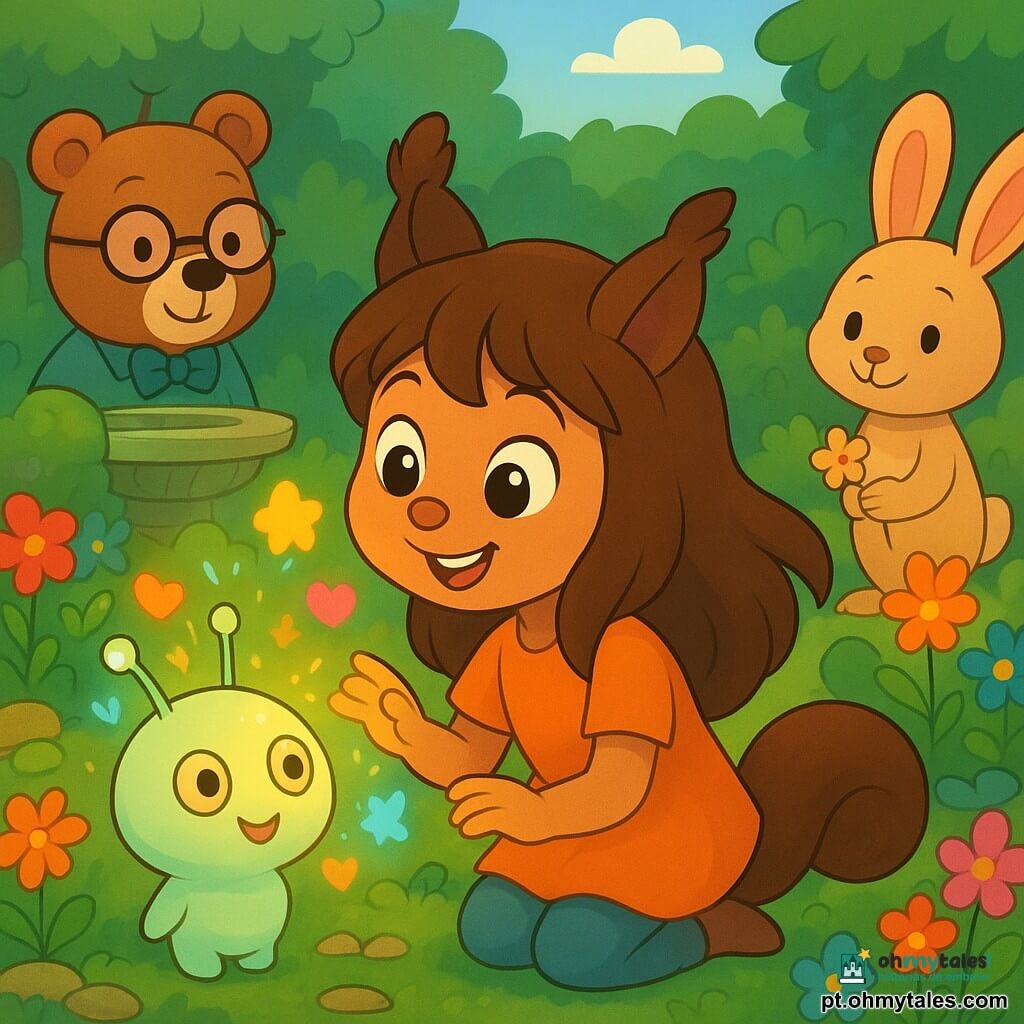 Lila, uma esquila de olhos brilhantes e pelagem marrom sedosa, está no centro de um jardim secreto, seu rosto radiante de curiosidade e alegria. Ela toca uma pequena sonda extraterrestre, Zib, que tem forma arredondada, olhos em forma de botão e antenas cintilantes, emitindo uma luz suave e acolhedora. Zib, com uma expressão maravilhada, projeta imagens coloridas no ar, iluminando o jardim. Ao redor, personagens secundários importantes aparecem ao fundo: um ursinho professor com óculos redondos, que observa intrigado, e uma coelha de grandes orelhas, que sorri gentilmente, segurando uma pequena flor nas patas. O jardim é repleto de sofás de flores multicoloridas, pedras cobertas de musgo e uma velha fonte de pedra, onde a água não flui mais, mas que emana uma atmosfera mágica. A cena principal mostra Lila e Zib compartilhando um momento de amizade, cercados de luz e risadas, enquanto os outros animais do vale os observam com admiração, descobrindo a beleza da diferença e da amizade.