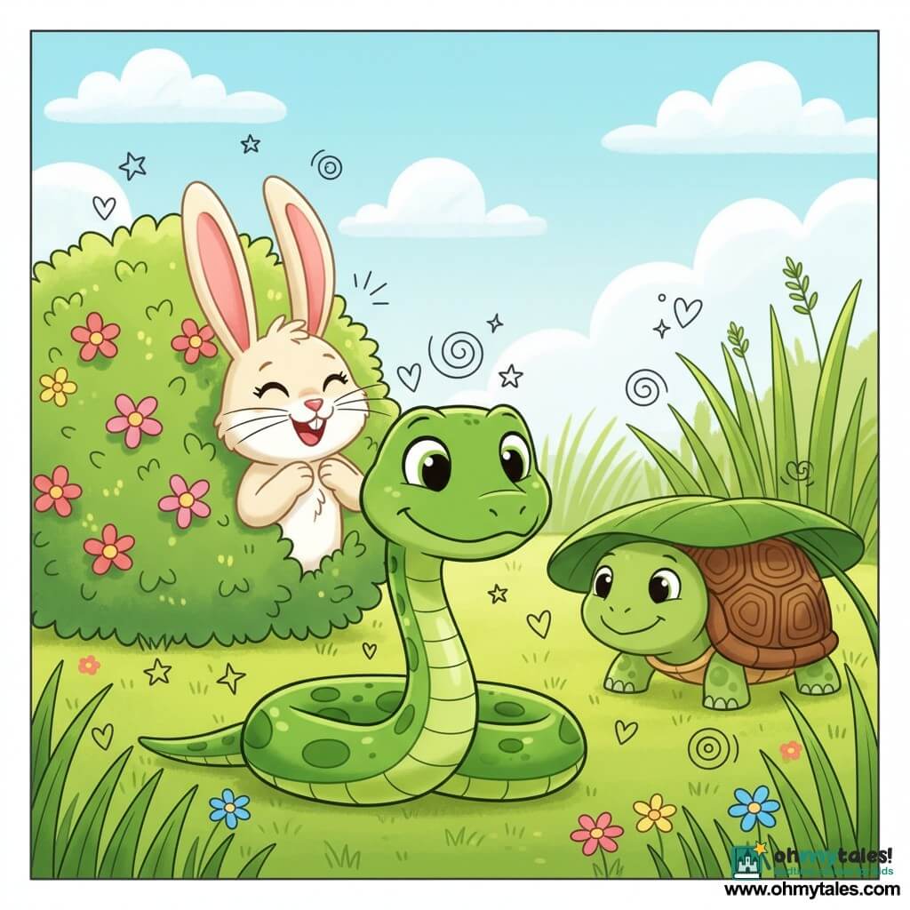 Sammy, a small bright-green snake with shiny scales and big round eyes, smiles and coils playfully in the foreground; Bella, a cream-furred rabbit with pink ears, giggles half-hidden behind a flowering bush to the left; Toby, a calm smiling turtle with a brown shell and green patterns, peeks his head out from under a large leaf to the right; the sunny meadow setting has tall green grass, colorful flowers, a clear blue sky with soft clouds, and the cheerful hide-and-seek scene is rendered in a childlike style with soft outlines and little doodles of hearts and stars.