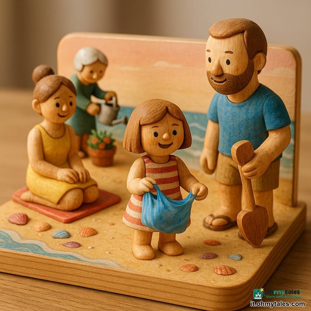 Bambina di 4 anni, gioiosa e fiera, capelli castano chiaro tagliati a caschetto, vestitino estivo a righe rosse e bianche, tiene un piccolo sacchetto di plastica blu raccolto sulla sabbia; vicino a lei un uomo di circa 35 anni, barba corta, maglietta blu e pantaloncini beige (probabile padre), la guarda con orgoglio tenendo una pala da spiaggia in legno; dietro, una donna di circa 33 anni con capelli raccolti e abito estivo giallo (probabile madre) è seduta su un asciugamano sorridendo; sullo sfondo una signora anziana di circa 70 anni annaffia dolcemente vasi di fiori con un piccolo annaffiatoio di metallo; spiaggia di sabbia dorata con conchiglie colorate, onde leggere blu e bianche, cielo rosa pallido al tramonto; scena principale: la bambina raccoglie il sacchetto vicino alla riva in un gesto deciso e calmo, adulti vicini a sostenerla, atmosfera luminosa e calda, colori pastello e texture di legno giocattolo, composizione tipo diorama con prospettiva leggermente dall'alto.