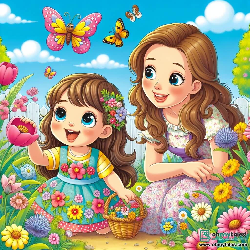 A 4-year-old girl named Lily, with long brown hair and sparkling joyful eyes, wears a colorful flower-adorned dress. She is crouched in a sunny garden, smiling in wonder as she watches a pretty butterfly flutter around her. Next to her is her mother, a woman in her thirties with brown hair and a warm smile, observing Lily with pride while holding a basket filled with colorful flowers. The garden is filled with vibrant flowers: pink tulips, yellow daffodils, and blue cornflowers, under a clear blue sky dotted with white clouds. Birds sing in the trees, and bees buzz around the flowers. The main scene shows Lily, enchanted by the beauty of spring, discovering nature with her mother, sharing a moment of happiness and learning amidst this vibrant garden of colors and life.