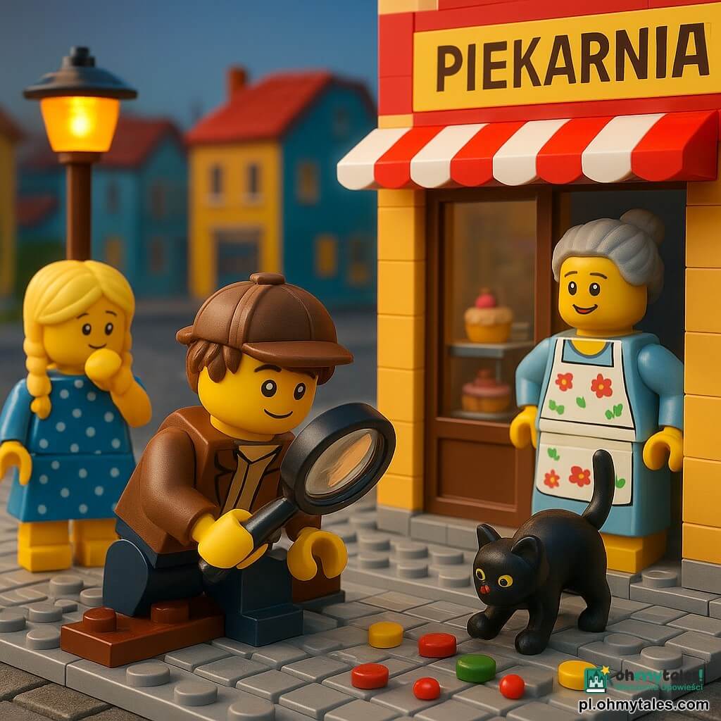 Chłopiec Kajtek, młody uważny detektyw z skoncentrowaną uśmiechniętą twarzą, dużymi błyszczącymi oczami i rozczochranymi brązowymi włosami, w czapeczce i brązowej kurtce, siedzi na ceglanej ławce w cieniu i trzyma lupę nad ścieżką kolorowych okruszków; dziewczynka Zosia, około 7 lat, nieśmiała lecz ciekawa, w warkoczach i sukience w kropki, stoi z tyłu po lewej zasłaniając lekko usta ręką; pani Marianna, piekarka około 50 lat z siwymi włosami w koku i fartuszkiem w kwiaty, stoi w drzwiach swojej małej piekarni z cegieł, z ulgą i rozbawieniem, ręce na biodrach; obok drzwi mały krępy czarny kot Czarnuszek o błyszczącym futrze przewraca kolorowe cukierki — czerwone, zielone i żółte rozrzucone po ziemi; miejsce: witryna piekarni z cegieł i miniciastkami w witrynie, pomalowane szyldy, pomarańczowa lampa oświetlająca brukowany chodnik, kolorowe domy w tle o zmierzchu; główna scena: Kajtek dyskretnie obserwuje kota rozsypującego cukierki przez uchylone drzwi, okruszki tworzą lśniący ślad w kierunku ulicy, ciepła atmosfera, żywe kolory i widoczne tekstury cegieł.