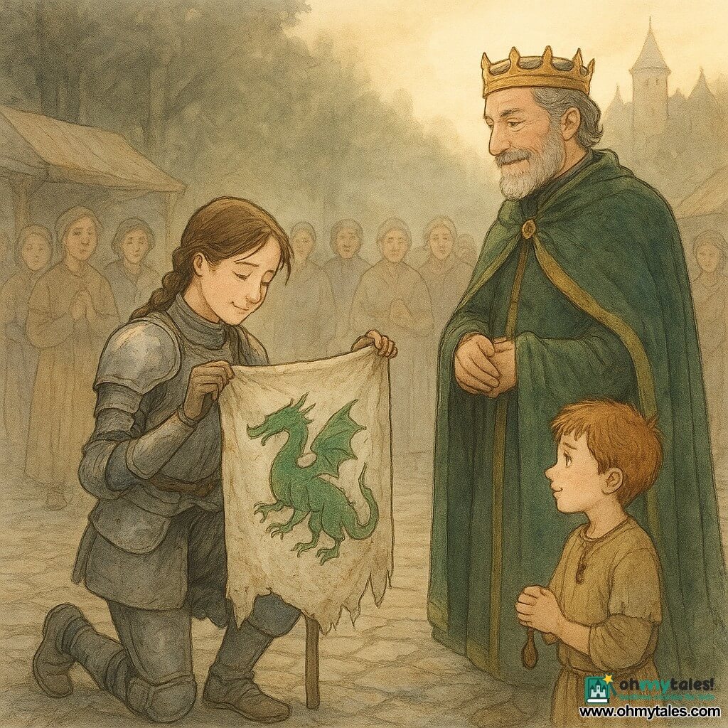 A female knight kneels, proudly holding a crumpled but visible banner: an emerald dragon on a silver field, the fabric soiled yet still bright; she is relieved and humble, wearing matte steel armor with a few scratches, her helmet at her feet and brown braided hair over one shoulder. A 12-year-old boy (Finn) with a red face and flour-dusted patched tunic stands slightly behind her to the left, smiling in wonder, a small wooden amulet hanging from his right hand. The king, a middle-aged man with a gray beard and a simple crown, walks before them holding a neatly folded green velvet cape trimmed in gold, his expression warm and grateful. Villagers of various ages watch from wet cobbles with astonished faces and clasped hands, closed market stalls in the background. The village square borders a dark forest, with uneven stone ground, dissipating morning mist, castle towers on a distant hill, and soft golden dawn light filtering through the trees, capturing a modest triumphant mood of reunited unity as the flag is formally returned.