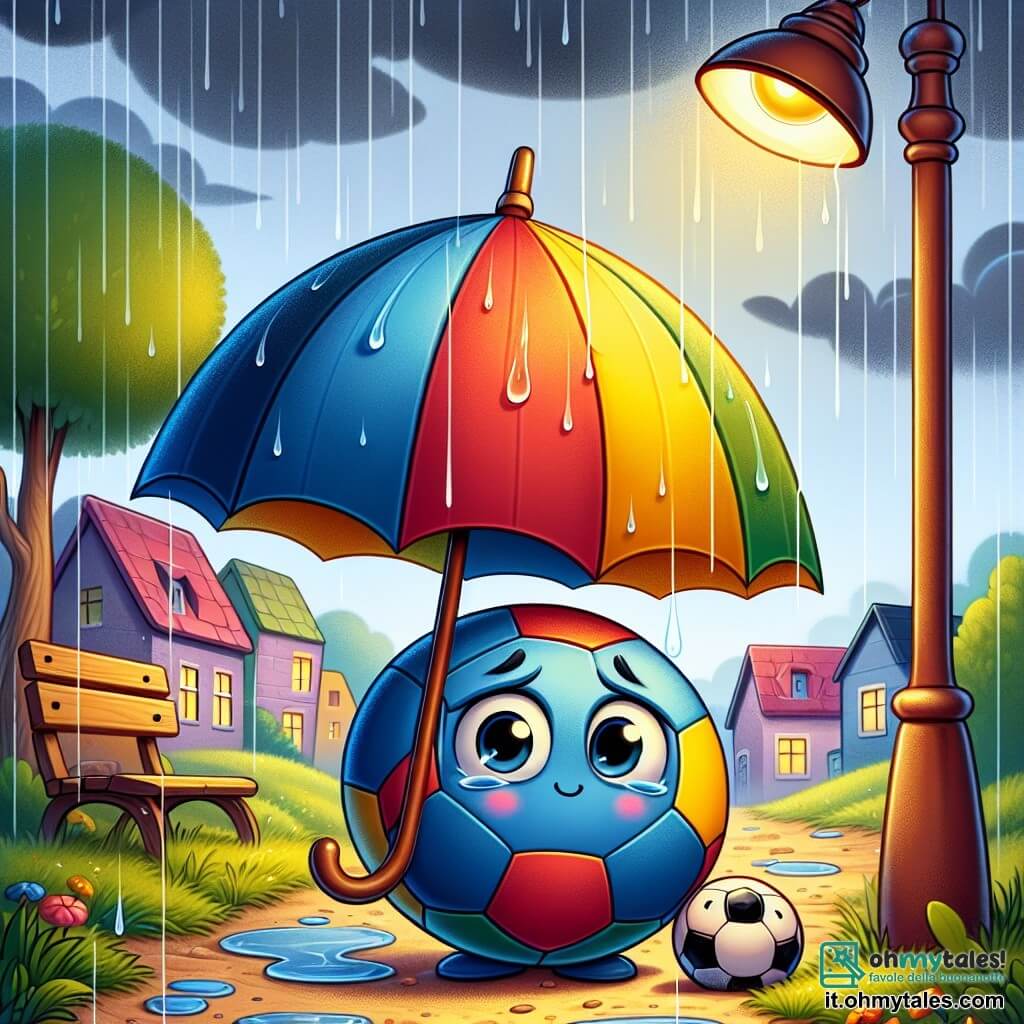 Un piccolo ombrello colorato, con strisce vivaci di blu, rosso e giallo, è aperto sotto la pioggia, mostrando un'espressione di tristezza e determinazione. Si trova su un sentiero di terra, circondato da piccole pozzanghere, mentre gocce di pioggia cadono intorno a lui. Accanto, un pallone da calcio sorridente, con motivi dai colori vivaci, rotola allegramente, mostrando un'espressione di incoraggiamento e amicizia. Più lontano, una lampada da tavolo, con una luce dolce e calda, illumina il sentiero, simboleggiando saggezza e sostegno. Il luogo è un piccolo villaggio pittoresco, con case dai colori vivaci, alberi verdi e un cielo grigio punteggiato di nuvole. Le gocce di pioggia cadono sul terreno, creando un'atmosfera sia malinconica che confortante. La situazione principale mostra il piccolo ombrello che, nonostante la pioggia e la tristezza, si tiene forte e pronto a proteggere i bambini che passano, illustrando il tema della resilienza e dell'amicizia di fronte ai cambiamenti della vita.