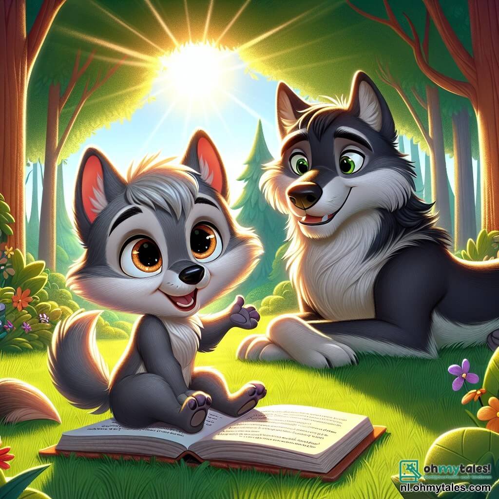 Wally, een kleine wolf met grijze, zachte vacht, grote nieuwsgierige ogen en een warme glimlach, zit op het groene gras van een open plek met een open boek in zijn pootjes. Hij lijkt enthousiast en vastberaden om zijn ontdekkingen met zijn familie te delen. Naast hem luistert zijn moeder, een lichtbruine wolf met zachte ogen en een aandachtige uitdrukking, aandachtig naar Wally, zittend in een open houding, klaar om te leren. Zijn vader, een zwarte, gespierde wolf, staat achter hen met zijn armen gekruist, met een trotse glimlach en een bewonderende blik naar zijn zoon. De scène speelt zich af in een mooie zonovergoten open plek, omringd door grote bomen met stralend groene bladeren, met kleurrijke bloemen verspreid over de grond. Zonnestralen filteren door de takken en creëren een warme, uitnodigende sfeer. Wally legt enthousiast aan zijn ouders het belang van communicatie en luisteren uit, terwijl ze samen zitten voor een avond van gezinsdelen, omringd door de schoonheid van de natuur.