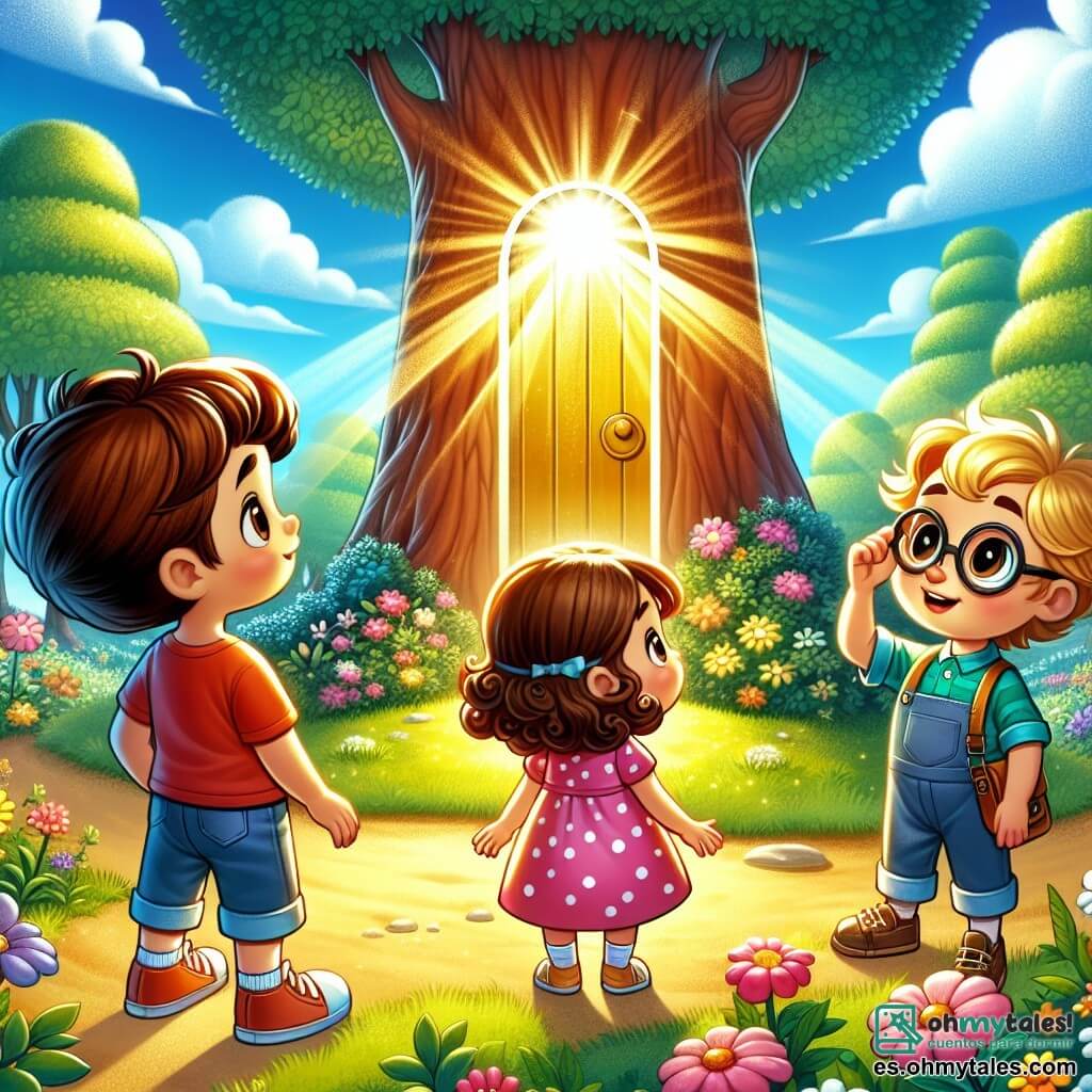 En un parque soleado, tres niños están juntos: Lucas, un niño de cinco años con cabello castaño alborotado y una camiseta roja, mira maravillado una luz brillante detrás de un gran árbol. A su derecha, Sofía, una niña de cinco años con cabello rizado, lleva un vestido rosa con lunares y sonríe con curiosidad. A la izquierda, Tomás, un niño de cinco años con gafas redondas y cabello rubio, ajusta sus gafas mientras observa la luz con curiosidad. El lugar es un parque verde, lleno de flores coloridas y árboles majestuosos, con un cielo azul brillante y algunas nubes blancas. En el centro, una pequeña puerta dorada emerge del tronco del árbol, emitiendo un resplandor azul que atrae la atención de los niños. La situación principal muestra a los niños acercándose a la puerta dorada, fascinados por la luz misteriosa que parece invitarlos a descubrir un mundo mágico.