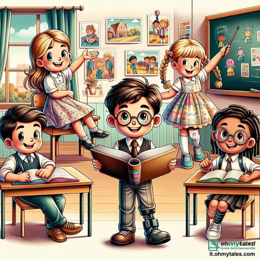 In un'aula luminosa e colorata, vediamo quattro bambini. A sinistra, Luca, un ragazzo di 8 anni con capelli castani e occhiali rotondi, sorride tenendo un grande libro aperto. Accanto a lui, Sara, una ragazza di 8 anni con capelli biondi intrecciati e un vestito a fiori, alza la mano con entusiasmo. Al centro, Marco, un ragazzo di 9 anni con capelli castani e una protesi alla gamba, è seduto su una sedia, ridendo con i suoi amici. Infine, a destra, c'è Chiara, una ragazza con capelli neri e occhiali, che scrive su una lavagna con gessetti colorati. L'aula è decorata con disegni di bambini appesi alle pareti, con banchi di legno e finestre che lasciano entrare la luce del sole. Libri e materiale scolastico sono sparsi sui tavoli, creando un'atmosfera gioiosa e accogliente. I bambini stanno giocando a un gioco di presentazione, ognuno condividendo un fatto divertente su di sé. L'atmosfera è piena di risate ed eccitazione, illustrando la gioia del ritorno a scuola e la scoperta di nuove amicizie.