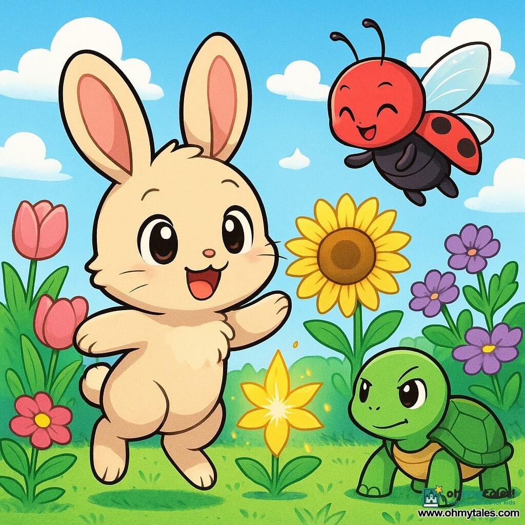 A little rabbit named Benny, with soft beige fur and large curious eyes, happily hops in a colorful garden, a wide smile on his face. Next to him, a small ladybug named Lily, red with black spots, flies enthusiastically, her translucent wings sparkling in the sun as she smiles with her tiny antennae. A turtle named Toby, with a green shell and mischievous eyes, stands a bit back, looking determined and ready to move forward despite his slowness. The garden is filled with bright flowers in vivid colors, including pink tulips, yellow sunflowers, and violets, under a clear blue sky dotted with fluffy clouds. Benny and his friends discover a beautiful golden flower shining at the center of the garden, surrounded by sparkling petals, as they dance around it, filled with joy and excitement.