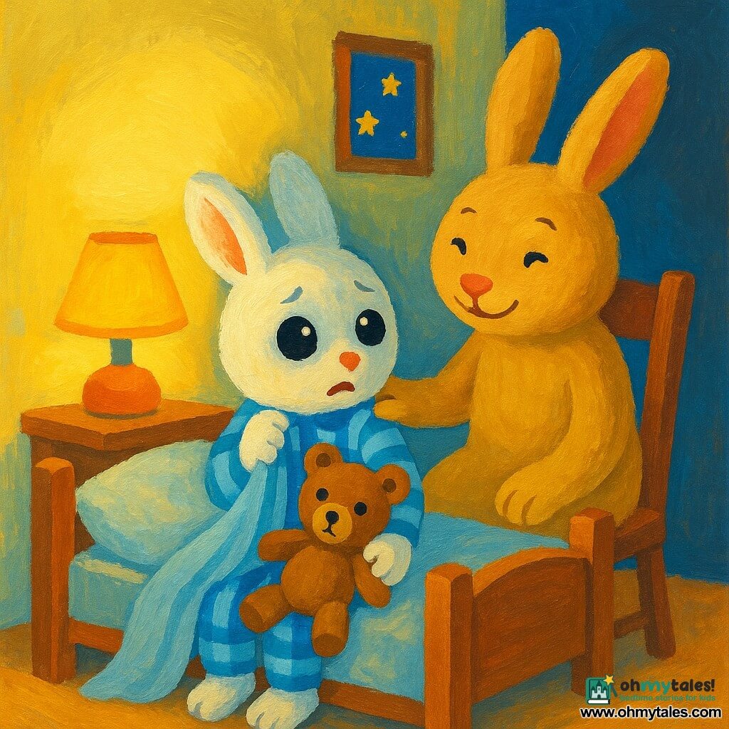 The main character is a small bunny in blue-and-white striped pajamas with fluffy white fur, big bright eyes and a fearful but curious expression, sitting on the edge of a wooden child's bed clutching its blanket; the mother rabbit, larger with soft beige fur and a reassuring smile, sits on a chair near the bed with a hand on the bunny's shoulder and a tender, calm gaze; a brown teddy with one slightly worn eye rests on the bunny's lap as a comforting toy; the small warm bedroom has pale yellow walls, a bedside lamp casting a soft yellow circle of light, slightly shaded corners and a window showing a starry night sky; the scene shows the bunny hesitantly looking toward the dark corner while the mother reassures it under the soft light, with a marked contrast between the bright area around the bed and the bluish shadows of the corner.