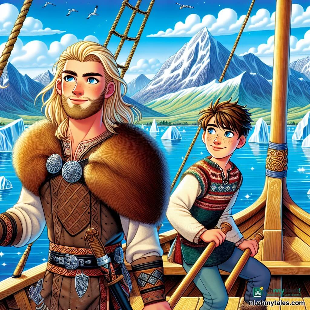 Een jonge Viking genaamd Eirik, ongeveer 18 jaar oud, staat op de boeg van een houten schip, met een vastberaden gezicht en ogen vol moed. Hij heeft lang blond haar, een goed onderhouden baard en draagt een leren tuniek versierd met Noordse motieven. Eirik kijkt met een opgewonden en avontuurlijke uitdrukking naar de horizon. Naast hem staat zijn vriend Sigurd, een 17-jarig jongen met bruin haar en sprankelende ogen, die een peddel vasthoudt, klaar om te roeien. Hij draagt een wollen tuniek en een bontmantel, en zijn glimlach toont zijn enthousiasme voor het avontuur dat hen te wachten staat. Hun schip vaart over een rustige zee, omringd door majestueuze besneeuwde bergen op de achtergrond, terwijl glinsterende ijsbergen zachtjes op het water drijven. De lucht is helder blauw met donzige witte wolken. Eirik en Sigurd verkennen een mysterieuze spookschip, aangespoeld en bedekt met ijs, dat oprijst uit de diepten van de baai. De sfeer is doordrenkt van mysterie en opwinding, terwijl ze zich voorbereiden om een oud geheim te ontdekken dat in de diepten van de zee is begraven.