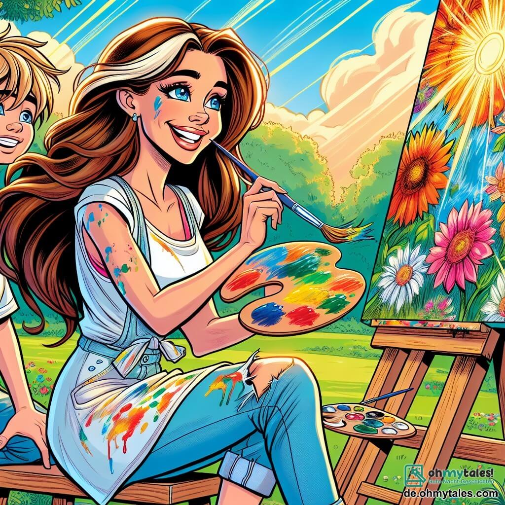 Eine junge Frau namens Mia, mit langen braunen Haaren und kreativen, funkelnden Augen, sitzt auf einem Holzstuhl und lächelt breit. Sie hält einen Pinsel in einer Hand und eine Palette mit leuchtenden Farben in der anderen, während sie eine wunderschöne Leinwand mit bunten Blumen malt. Neben ihr beobachtet ein 10-jähriger Junge namens Tim, mit blonden Haaren und neugierigen Augen, aufmerksam ihre Arbeit, seine Hände sind mit Farbe bedeckt. Sie befinden sich in einem sonnigen Park, umgeben von grünen Bäumen und leuchtenden Blumen, mit einem großen blauen Himmel im Hintergrund. Die Szene zeigt Mia und Tim, die einen fröhlichen und inspirierenden Moment teilen, während sie gemeinsam die Magie der Kunst im Freien erkunden.