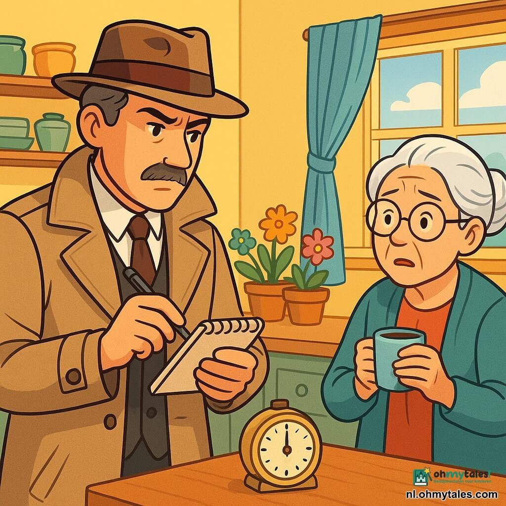 Een mannelijke detective van rond de vijftig, met grijs haar en een verzorgde snor, draagt een beige trenchcoat en een fedora. Hij heeft een geconcentreerde en vastberaden uitdrukking op zijn gezicht, terwijl hij een notitieboekje en een pen vasthoudt en aandachtig naar een oude keuken kijkt. Naast hem staat een oudere vrouw van ongeveer 70 jaar, met ronde brillen en wit haar in een knot, die met een bezorgde uitdrukking naar hem kijkt, terwijl haar trillende handen een kop koffie vasthouden. Ze staat dicht bij de balie, omringd door kleurrijke bloempotten. De scène speelt zich af in een gezellige keuken met pastelgele muren, planken vol vintage servies en een raam dat zacht ochtendlicht binnenlaat. De detective onderzoekt aanwijzingen op de balie, terwijl de vrouw hem uitlegt over de verdwijning van haar waardevolle timer, wat een sfeer van mysterie en nieuwsgierigheid creëert.