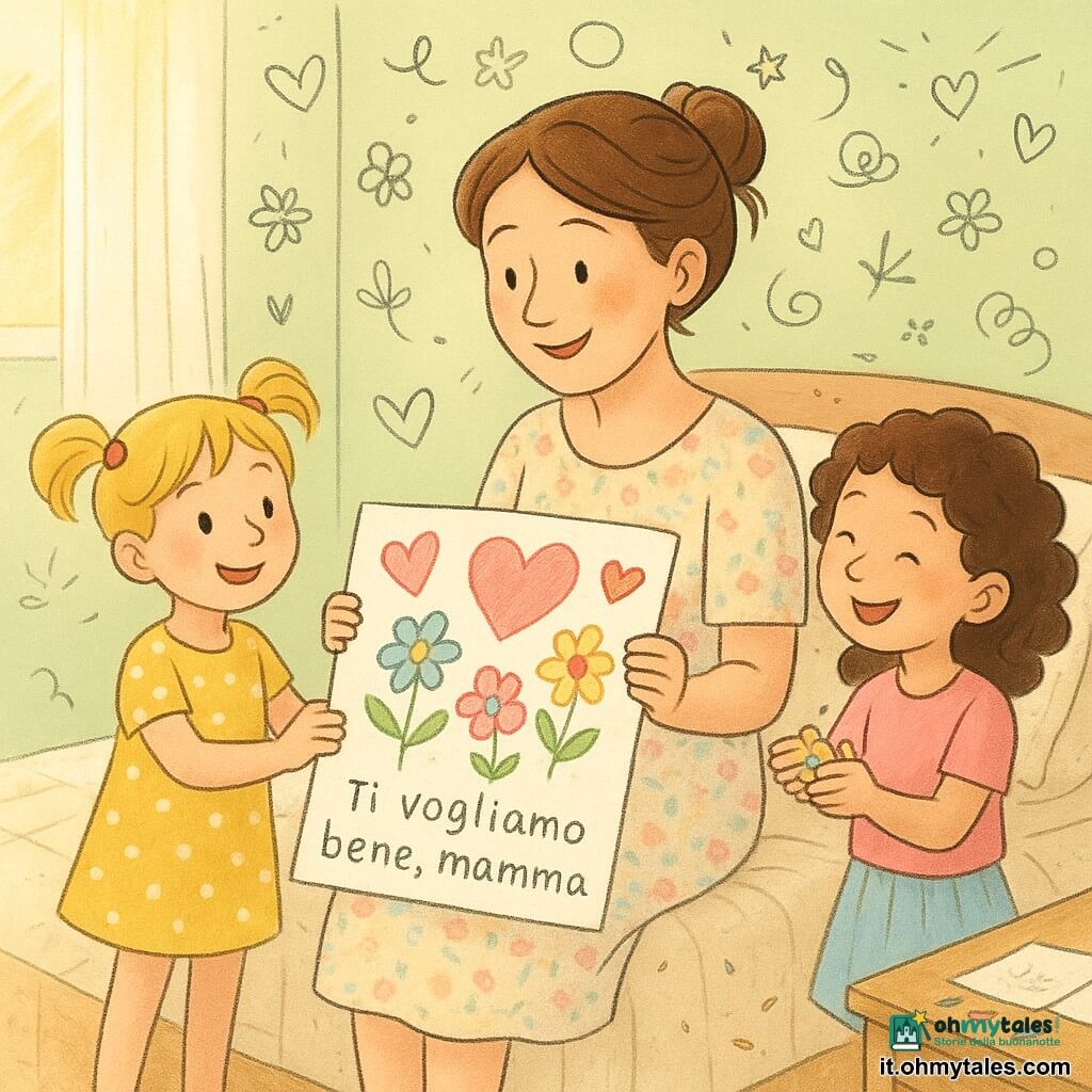 Ci sono tre personaggi: una madre di circa 30 anni, pelle chiara, capelli castano raccolti in un piccolo chignon, vestito casalingo a fiori pastello, seduta sul letto contro i cuscini, sorridente ed emozionata mentre guarda il disegno; due bambine di 6 anni: Sofia, bionda con due codini, vestito giallo a pois bianchi, a sinistra del letto che porge un grande disegno colorato pieno di cuori e fiori con aria fiera; Giulia, bruna riccia, maglietta rosa e gonna azzurro chiaro, a destra del letto che tiene confetti di carta ridendo dolcemente vicino alla sorella. Ambientazione: camera luminosa di mattina con tende bianche traslucide e raggio dorato, parete verde pallido, letto con coperta trapuntata crema e cuscini geometrici, comodino in legno chiaro con vecchio telefono grigio, fogli e scatola di pastelli sul pavimento. Situazione: le bambine offrono un disegno grande con cuori rosa, fiori blu e la scritta infantile "Ti vogliamo bene, mamma", atmosfera dolce in colori pastello, texture di matita e carta visibili, confetti che fluttuano, stile grafico semplice con linee morbide e piccoli doodle ai margini.