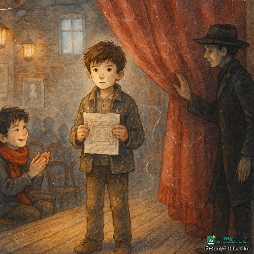 Ci sono 3 personaggi: Nico, ragazzo di 11 anni, capelli castani spettinati, volto serio ma emozionato, giacca semplice macchiata di segatura, stringe al centro del palco il suo disegno di teatro stropicciato, sguardo rivolto al pubblico; Teo, ragazzo di 11 anni, capelli neri ricci, grande sciarpa rossa, sorriso malizioso, seduto in prima fila leggermente a sinistra di Nico, applaude con orgoglio; Maestro Lario, uomo adulto, figura sottile, giacca lunga scura con bottoni lucenti, cappello morbido inclinato, sta nell’ombra vicino alle quinte a destra del palco, mano sul bordo del tendone come a benedire il momento. Luogo: vecchio teatro urbano riparato alla meno peggio: legno consumato, file di sedie scure, lanterne con luce ambrata, sipario rattoppato color granato con cuciture d’argento, palco polveroso, muri di mattoni con manifesti sbiaditi, piccola finestra alta da cui si intravedono bagliori d’acqua. Situazione: sera d’apertura improvvisata: Nico in piedi sul palco con luce calda sul viso, tiene il disegno come una promessa; il vento cittadino si manifesta in nastri d’aria traslucidi e piccole particelle luminose che danzano e sollevano la polvere; il pubblico è suggerito da sagome sfocate, atmosfera tenera e speranzosa, miscela di antico e magia urbana.