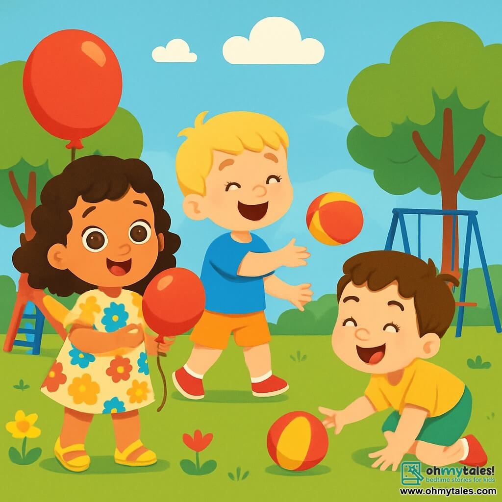 A 2-year-old girl with big bright eyes and curly hair joyfully smiles while holding a red balloon. She wears a colorful floral dress and yellow sandals. Next to her, a 3-year-old boy with blonde hair and a blue t-shirt throws a ball with a big smile. Another 2-year-old boy with brown hair and green shorts is picking up the ball from the ground, laughing heartily. The park is filled with greenery, majestic trees, vibrant flowers, and a clear blue sky dotted with fluffy white clouds. In the background, a colorful slide and a swing gently sway. The main scene shows the children playing together, laughing and having fun in the sun, creating a joyful and friendly atmosphere.