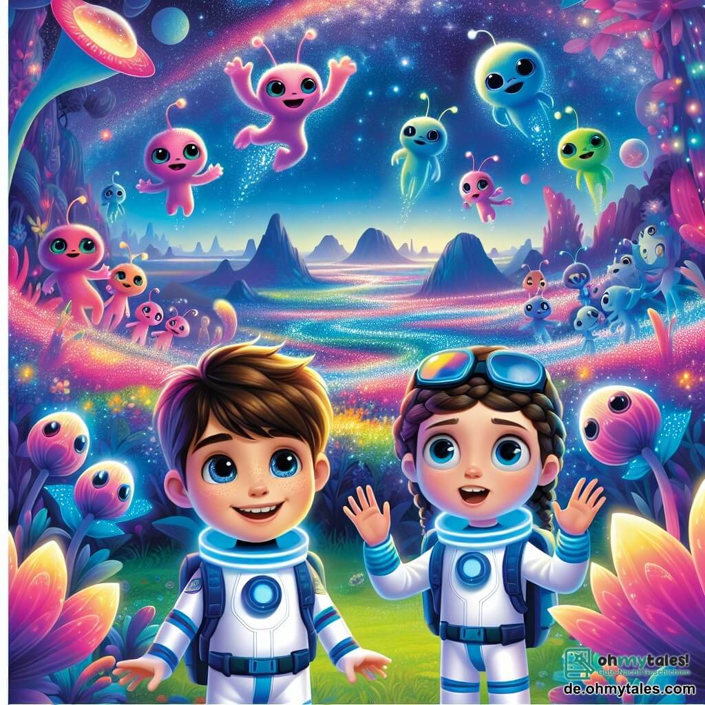 Max, ein Junge mit braunen Haaren und neugierigen Augen, trägt ein weiß-blaues Astronautenanzug. Er lächelt begeistert mit offenen Armen, als ob er den Weltraum umarmen möchte. Neben ihm steht Mia, ein 10-jähriges Mädchen mit blonden, geflochtenen Haaren, die ebenfalls ein Astronautenanzug trägt. Sie hebt die Hand, um bunten, tanzenden Außerirdischen zu winken, ihre Augen strahlen vor Freude. Ben, ein 11-jähriger Junge mit schwarzen Haaren und Brille, beobachtet fasziniert die seltsamen Pflanzen um sie herum, mit einem breiten Lächeln im Gesicht. Die Szenerie ist eine farbenfrohe, außerirdische Landschaft mit leuchtenden Blumen in strahlendem Rosa, Lila und Blau und einem sternenübersäten Himmel mit funkelnden Planeten. Sanfte Hügel und seltsame Felsformationen im Hintergrund verstärken die Magie des Ortes. Die Hauptsituation zeigt Max und seine Freunde, die eine neue Welt entdecken, umgeben von freundlichen, tanzenden Kreaturen, die eine Atmosphäre von Freude und Abenteuer schaffen.