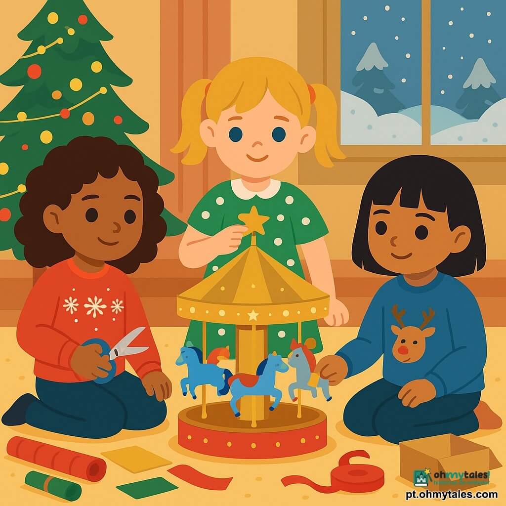 Há 3 personagens: - Uma menina de 8 anos, Sofia, com cabelos castanhos cacheados e olhos castanhos, vestindo um suéter vermelho com flocos de neve. Ela está sentada à esquerda, segurando uma tesoura. - Uma menina de 7 anos, Luna, com cabelos loiros presos em dois rabos de cavalo e olhos azuis, vestida com um vestido verde de bolinhas brancas. Ela está no centro, colando estrelas douradas no carrossel. - Uma menina de 6 anos, Clara, com cabelos pretos curtos e olhos verdes, vestindo um suéter azul com uma rena. Ela está à direita, colocando uma pequena luz dentro do carrossel. O local é uma sala de estar acolhedora com um tapete macio e uma grande janela com vista para um jardim coberto de neve. Há uma árvore de Natal decorada com luzes e bolas coloridas em um canto da sala. Caixas de papelão, rolos de papel de presente e fitas estão espalhados ao redor dos personagens. A situação principal mostra as três meninas criando um carrossel de Natal de papelão. O carrossel é decorado com papel dourado e pequenas luzes, com cavalos de papel colorido. As meninas estão concentradas e sorridentes, cercadas por uma atmosfera festiva e iluminada.