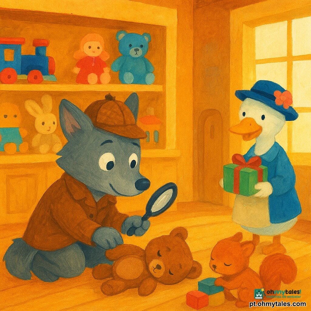 Um pequeno lobo antropomórfico de chapéu de detetive marrom e lupa numa pata, pêlo cinza, ajoelhado para apanhar um ursinho caído; um velho coelho vendedor de terno azul‑claro e avental bege, sorrindo aliviado atrás de um balcão de madeira; um filhote de esquilo ruivo, envergonhado e fofinho, adormecido junto a uma pilha de brinquedos; uma pata cliente com chapéu florido, surpresa e benevolente, segurando um presente perto da entrada; interior de uma loja de brinquedos de madeira com prateleiras coloridas, luz quente pela vitrine, piso de tábuas e porta de serviço ao fundo; cena doce de devolução de brinquedos em que o lobo encontra o esquilo adormecido e ajuda a recolocar os peluches nas prateleiras, ambiente acolhedor em tons pastel com textura de guache.