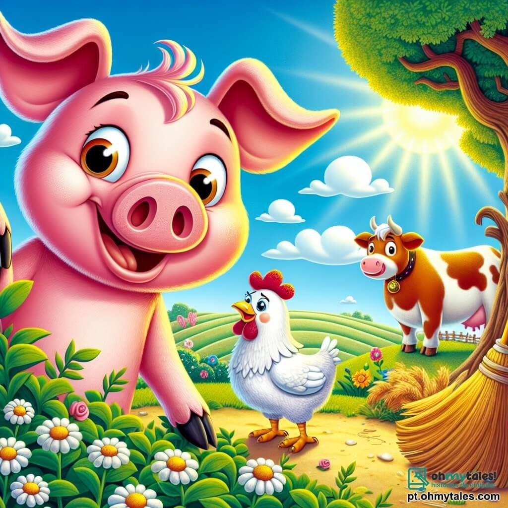 Um porquinho rosa, chamado Porfírio, com grandes orelhas e um sorriso travesso, está no centro da cena, com os olhos brilhando de excitação e curiosidade. Ele está fuçando em um arbusto, seu pequeno nariz tremulando em busca de pistas. Ao lado dele, uma galinha branca chamada Cocólia, com penas desgrenhadas e uma expressão dramática, olha ao redor, com as asas abertas, como se estivesse prestes a gritar. Ao fundo, uma vaca vermelha, Dona Maricota, com manchas brancas, está perto de uma vassoura de madeira, observando a cena com um sorriso divertido. O cenário é uma fazenda ensolarada, com campos verdes, um céu azul salpicado de nuvens brancas fofas, e um velho carvalho majestoso à direita, sob o qual há flores coloridas. A situação principal mostra Porfírio em plena investigação, fuçando o arbusto para encontrar o balde azul desaparecido, enquanto Cocólia e Dona Maricota o incentivam com expressões de surpresa e diversão.