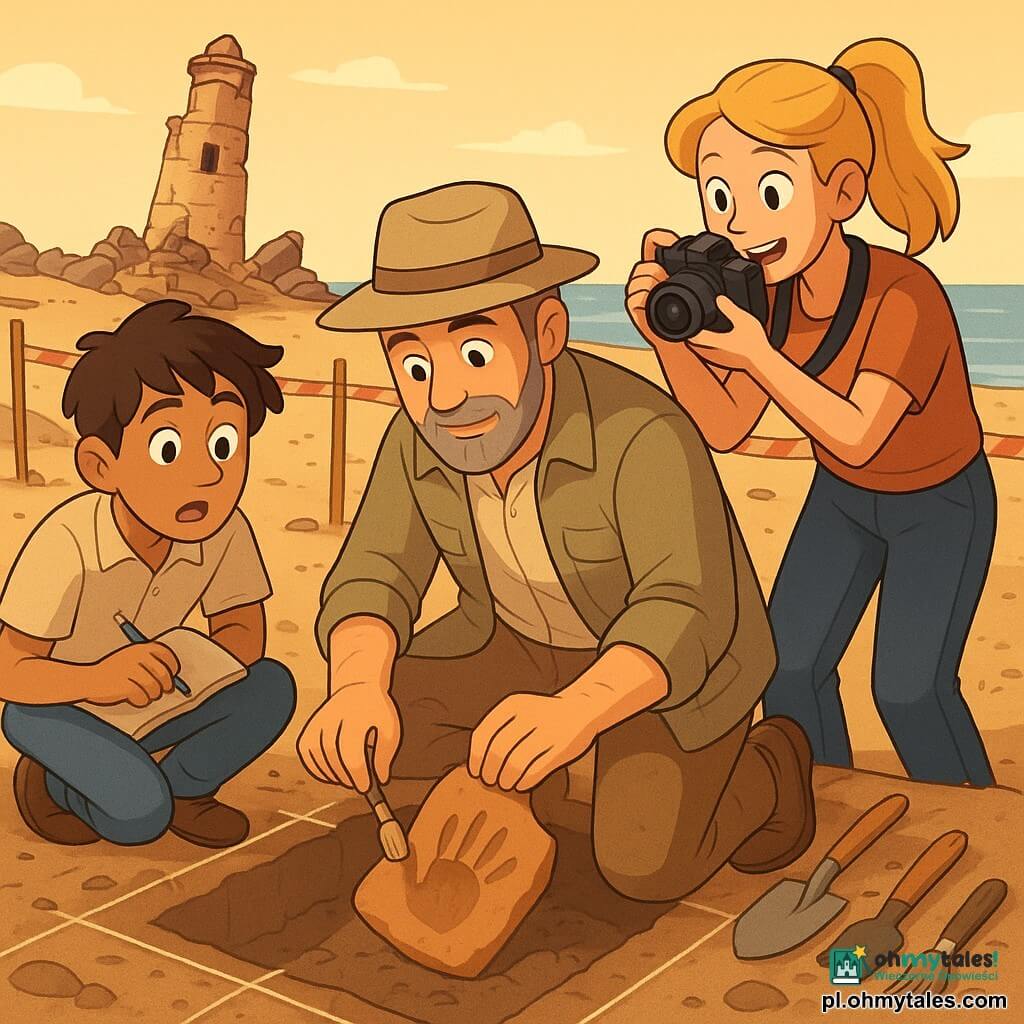 Mężczyzna archeolog, spokojny i skupiony, z siwą krótką brodą, klęczy i delikatnie szczotkuje fragment ceramiki z odciskiem dłoni; obok Igor, ok. 20 lat, student, z rozczochranymi brązowymi włosami, kuca trzymając pęsetę i notes; Zosia, ok. 28 lat, fotografka z blond kucykiem, stoi nieco z tyłu z czarnym aparatem; miejsce: piaszczysta plaża z zawalonym starym latarniowcem w tle, wytyczona kwadratowa wykopowa siatka, narzędzia obok; późne popołudniowe ciepłe światło, lekki wiatr poruszający wstążki, atmosfera podziwu, kompozycja skupiona na ceramice i trzech postaciach.