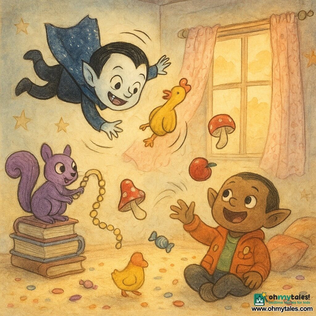 Vlad, a small vampire boy with very pale skin, shiny black hair and a midnight-blue glittery cape, floats upside-down near a window trying to catch a spinning rubber chicken; Pip, a round goblin boy with big ears and bright eyes, sits to Vlad’s right in a candy-filled pocketed jacket, tossing a red apple skyward; a purple squirrel with large pupils stands on a stack of books to the left holding a string of glowing beads and laughing; a bright yellow rubber hen and a red-and-white squeaky mushroom fly between them; the cozy, chaotic bedroom has star-painted walls, pink lace curtains billowing, a bed piled with colorful cushions, confetti and candy scattered, and golden sunset light through the window — a joyful, messy failed juggling scene with bouncing objects, laughter and visible motion lines.