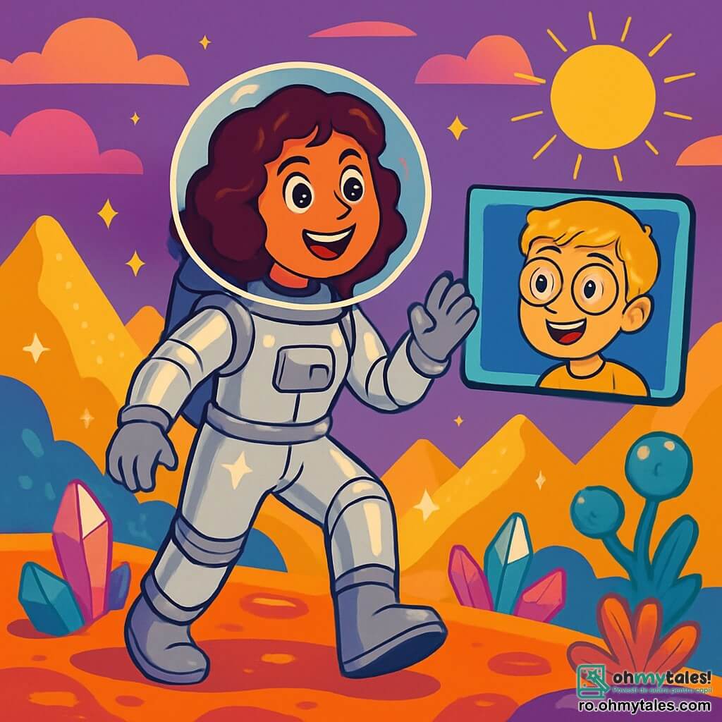O astronaută, Andreea, o femeie cu părul brun și creț, poartă o combinație spațială argintie strălucitoare. Fața ei exprimă uimire și entuziasm, cu ochii strălucind de curiozitate. Ea se află pe solul unei planete necunoscute, înconjurată de munți strălucitori și nori colorați, observând peisajul fascinant. Lângă ea, Darius, un băiat de 10 ani cu părul blond și ochelari rotunzi, apare pe un ecran de comunicare. El zâmbește entuziast, cu ochii mari, în timp ce pune întrebări despre ceea ce descoperă Andreea. Locul este o planetă misterioasă, cu un cer violet și munți aurii care strălucesc sub un soare orbitor. Cristale colorate ies din sol, iar plante ciudate cu forme unice cresc în jurul lor. Situația principală o arată pe Andreea pregătită să facă primul pas pe această nouă planetă, plină de entuziasm și curiozitate, în timp ce Darius o încurajează de pe ecran, nerăbdător să afle ce va descoperi.