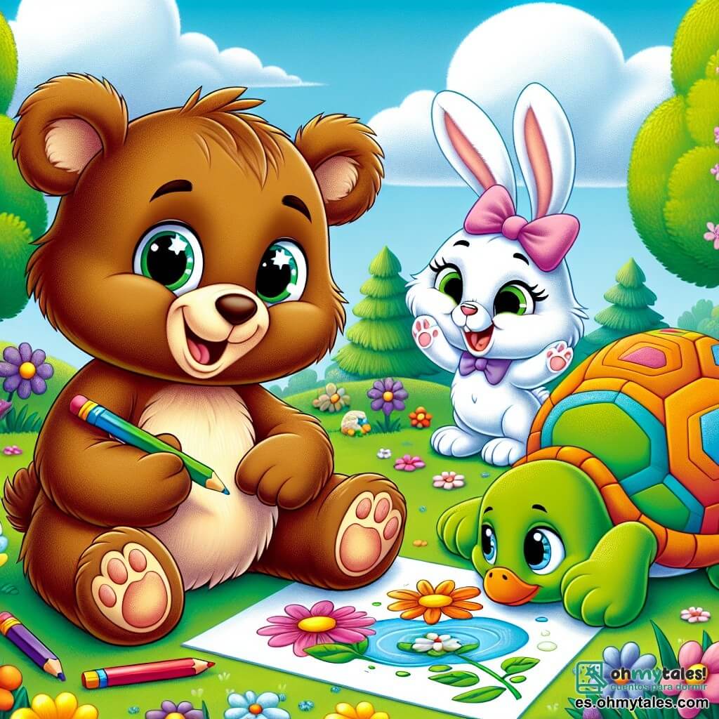 Un oso alegre llamado Bruno, con pelaje marrón y ojos brillantes, está sentado sobre la hierba verde, sonriendo y sosteniendo un lápiz de colores. A su lado, una pequeña coneja blanca llamada Lila, con orejas grandes y un lazo rosa, salta de alegría sosteniendo un dibujo de una flor azul. Un pato amarillo brillante llamado Pipo, con un pico naranja, nada en un pequeño charco, mirando a los demás con una sonrisa divertida. Una tortuga verde llamada Tila, con un caparazón decorado con patrones coloridos, está sentada tranquilamente, dibujando una flor con sus patas. El lugar es un parque primaveral, lleno de flores brillantes, grandes árboles de hojas verdes y un cielo azul claro salpicado de nubes blancas. La escena principal muestra a Bruno y sus amigos dibujando flores en el suelo, rodeados de la belleza de la naturaleza, celebrando la primavera con risas y creatividad.