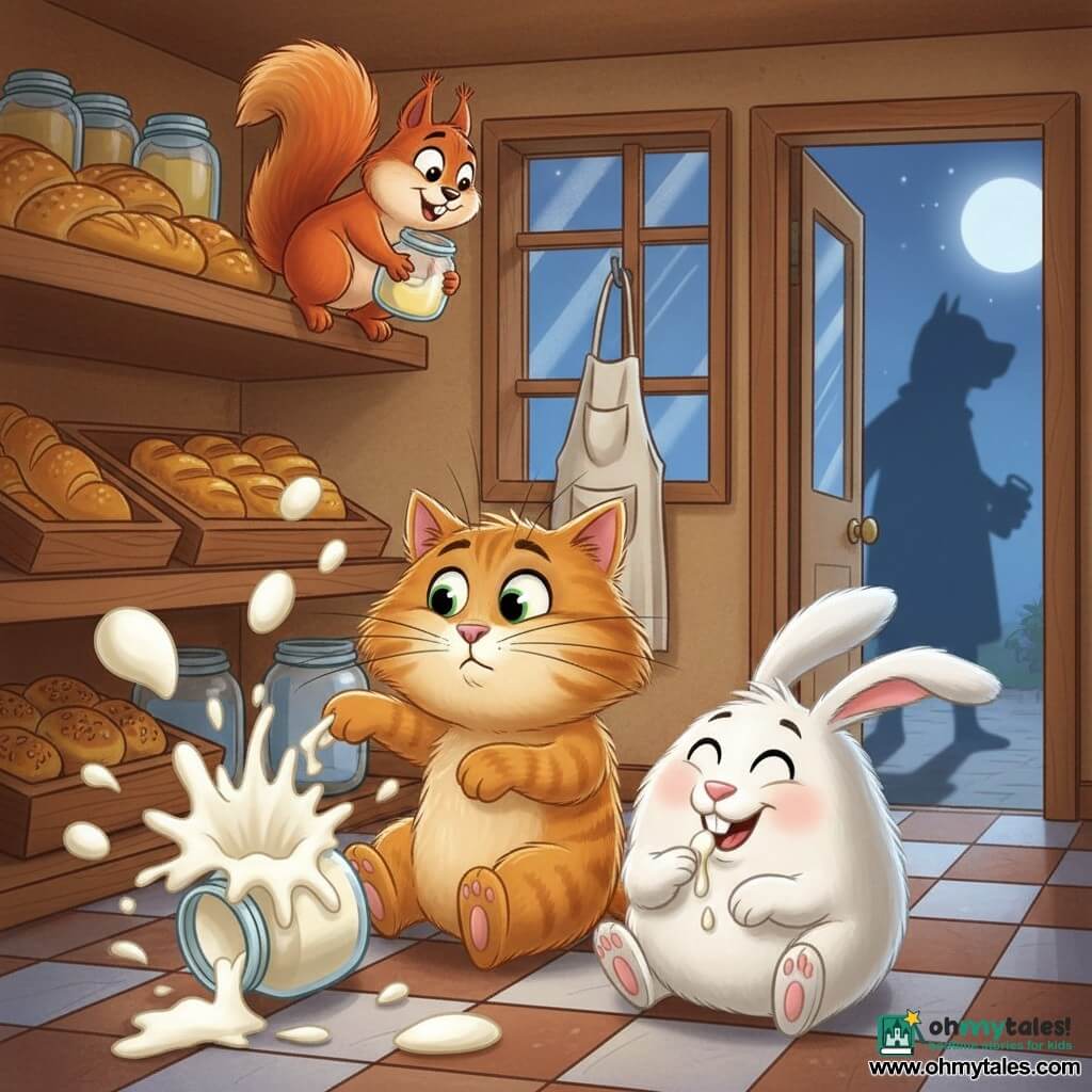 Charlie, a very fluffy orange tabby male with bright green eyes and arched whiskers, looks mischievous and surprised as his slipping paw sends a pot of cream bursting into white splashes; Benny, a round little white lop-eared rabbit with shiny black eyes, sits beside him on the tiled floor licking a drop with a smile; Lila, a red squirrel with a bushy tail, perches on a wooden shelf clutching a jar, excited and ready to laugh; an ajar door and a large human/dog shadow outside hint at someone approaching; cozy bakery interior with wooden shelves of golden breads and pastries, glass jars and a hanging apron, warm yellow light mixed with bluish moonlight through a display window; main moment: a comic cream explosion with suspended droplets, surprised joyful animal faces, dynamic movement and playful atmosphere; graphic style: soft lines, saturated contrasting colors, rounded shapes and exaggerated expressions suitable for toddlers.
