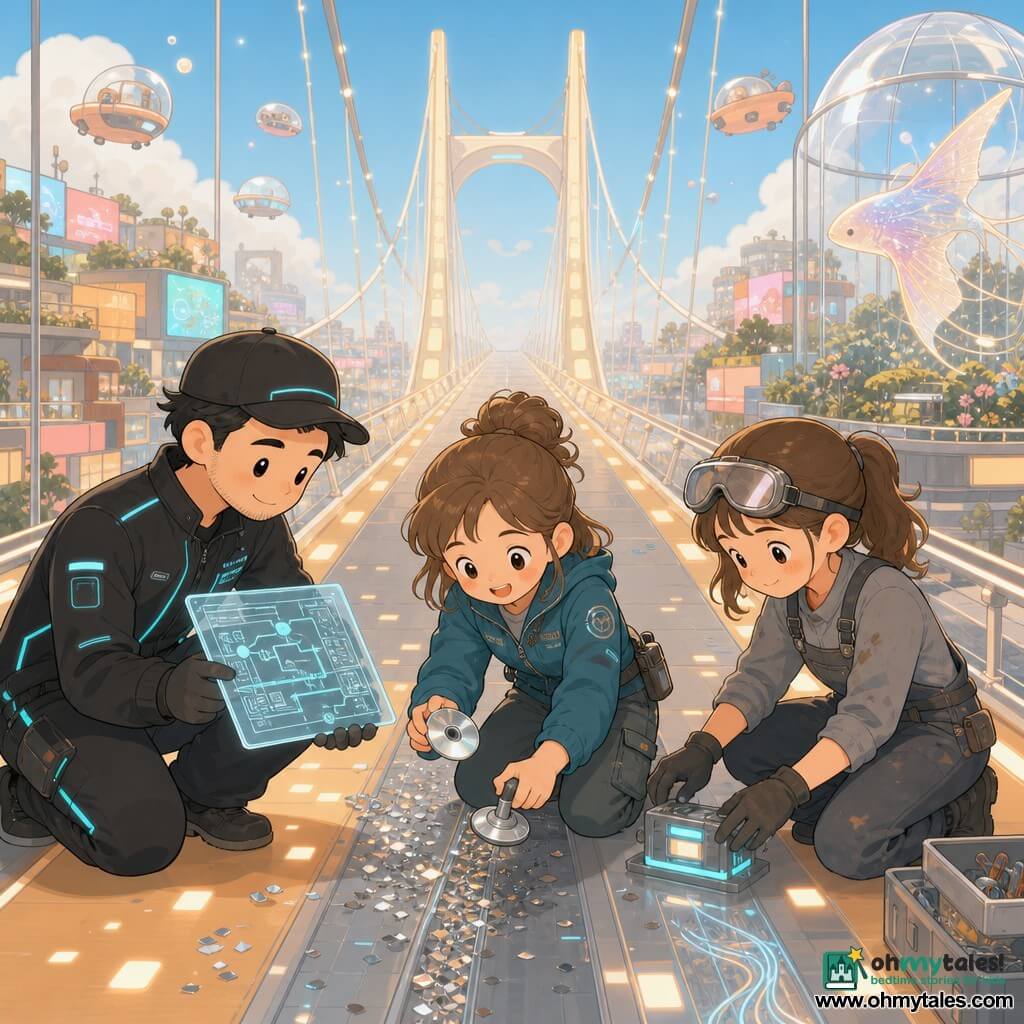 A bright, optimistic scene on the Sunspan Bridge showing 12-year-old Mina—light brown hair in a messy bun, petrol-blue jacket, cargo pants—holding a small shiny sensor disk in her left hand and a silver mini-suction in her right; to her right 12-year-old Rin, shy and hopeful with welding goggles on her forehead and stained grey overalls, adjusts a small luminous rectangular motor on the roof behind Mina; to the left a calm, smiling 35-year-old technician, Sol, in a black jacket with cyan light lines and a cap, holds a holographic tablet showing a circuit diagram; the trio remove a strip of metallic confetti from a dull panel and install a small buffer module to stabilize energy as gentle beams of light re-synchronize across the honey-colored bridge, which features smooth rectangular light slabs, thin cables and filaments under a translucent layer, terraced roofs with miniature gardens, colorful billboards, floating bubble shuttles, and a silver greenhouse with a kite-sail shaped like a luminous ray; palette of warm pastels (honey, coral, soft cyan) with silver metallic accents and pale neons, simple composition with characters in the foreground, slight perspective, soft expressions, rounded shapes, thin outlines, optimistic atmosphere.