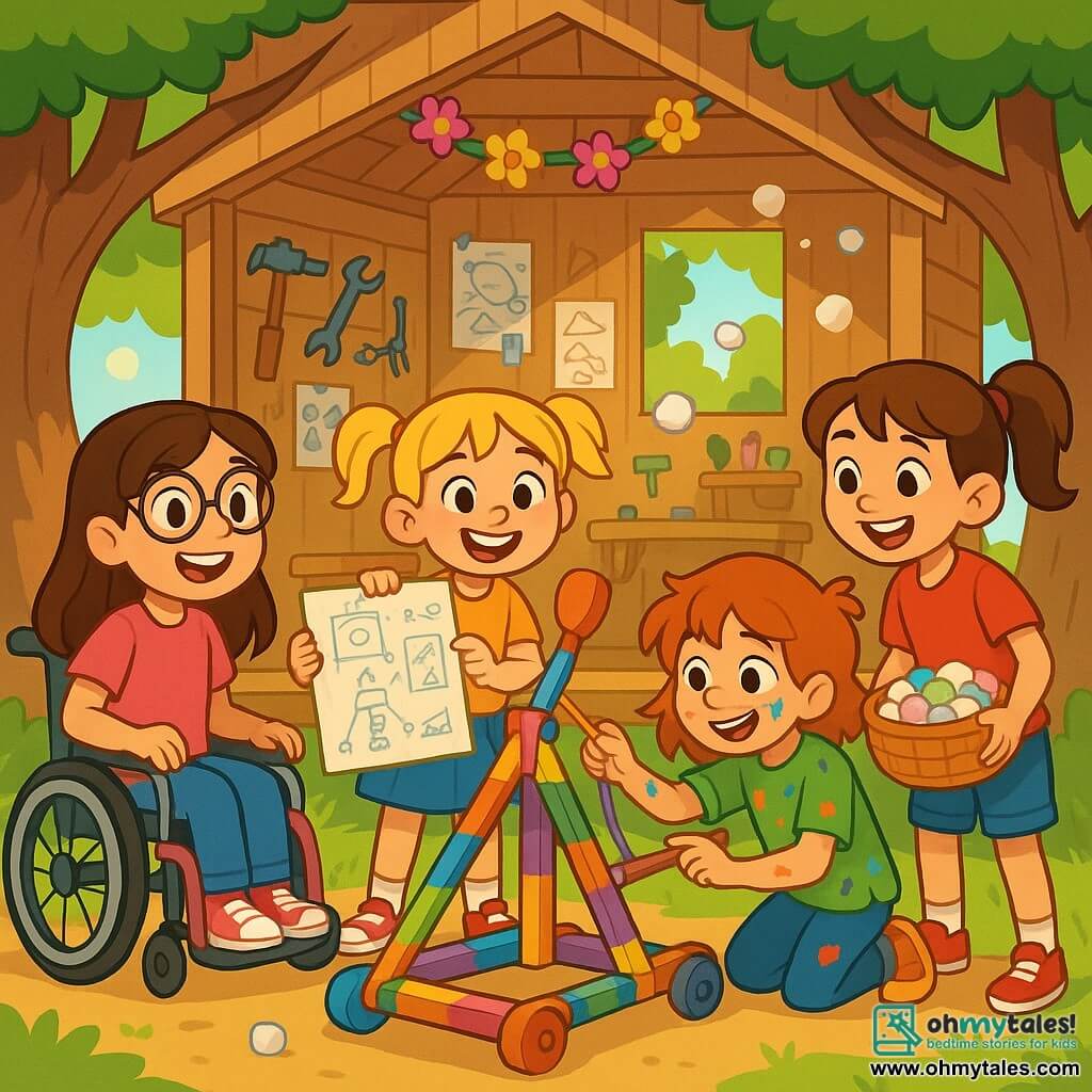There are 4 children: - Lily: a 9-year-old girl with long brown hair and round glasses, sitting in a wheelchair decorated with colorful stickers, smiling enthusiastically. - Emma: a 9-year-old girl with blonde pigtails and a big smile, standing while holding a large drawing board full of sketches of their invention. - Chloe: a 9-year-old girl with messy red hair and paint splatters on her clothes, crouched near the catapult, painting rainbow patterns on the wood. - Mia: a 9-year-old girl with brown hair tied in a ponytail, standing with a basket full of colorful marshmallows, ready to launch them into the catapult. The setting is a large treehouse perched between two majestic oaks, with light wooden walls adorned with paper flower garlands. Inside, sunlight filters through the leaves, illuminating scattered invention tools and drawings on the walls. At the center, a colorful catapult made of wooden sticks and rubber bands awaits testing. The main scene shows the children gathered around their catapult, eyes shining with excitement. Emma pulls the catapult's string while Mia prepares to launch a marshmallow. Chloe, brush in hand, pauses to admire their invention, while Lily smiles, ready to cheer on her friends. Marshmallows fly through the air, creating a joyful scene full of laughter.