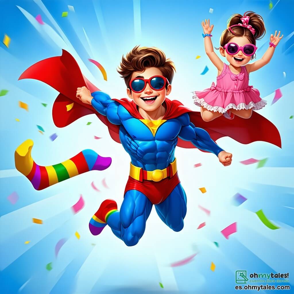 En el centro de la imagen, un hombre superhéroe llamado Pablo, con un traje colorido azul y rojo, una gran sonrisa en el rostro y calcetines multicolores volando a su alrededor, está haciendo acrobacias en el aire. A su derecha, una niña de unos 7 años, con cabello rizado y un vestido amarillo con lunares, levanta los brazos, maravillada por el espectáculo. Detrás de ellos, un grupo de niños aplaude con entusiasmo, mientras una niña de 6 años con una trenza roja intenta tomar una foto con su cámara. El lugar es un parque soleado, lleno de árboles verdes, flores coloridas y risas de niños. La situación principal muestra a Pablo volando en el aire, rodeado de sus calcetines voladores, mientras los niños lo animan y ríen, creando una atmósfera festiva y mágica.