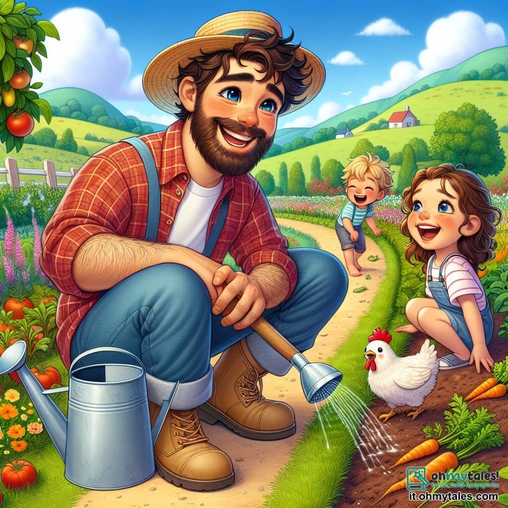 Il personaggio principale è Marco, un uomo alto e robusto, con una barba castana e occhi scintillanti di gioia. Indossa una camicia a quadri rossi e blu, pantaloni di tela e un cappello di paglia. Marco sorride calorosamente ai bambini mentre tiene un annaffiatoio, pronto ad annaffiare le sue piante. Tra i personaggi secondari c'è Sara, una bambina di 8 anni con capelli ricci e un grande sorriso, accovacciata vicino a un orto con una carota fresca in mano. Accanto a lei c'è Luca, un bambino di 7 anni con capelli biondi, che ride cercando di inseguire un gallina scappata. La scena si svolge in un campo colorato, circondato da colline verdi sotto un cielo blu splendente, con fiori selvatici lungo il sentiero e alberi da frutto carichi di frutti maturi sullo sfondo. Marco e i bambini sono impegnati in attività agricole, ridendo e divertendosi insieme mentre imparano ad annaffiare le piante e prendersi cura degli animali, creando un'atmosfera gioiosa e conviviale.