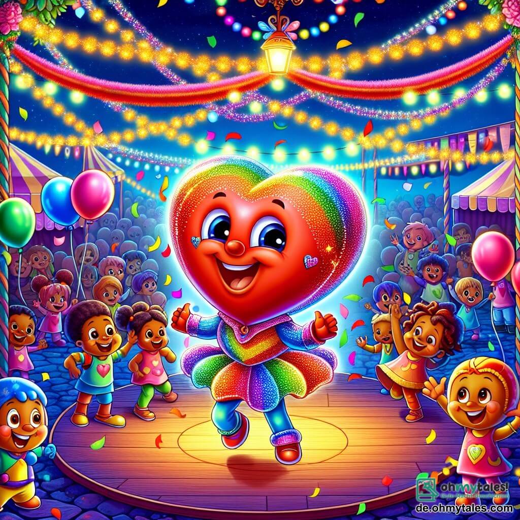 Ein fröhlicher Ballon namens Bobo, in Herzform, schwebt mit einem großen Lächeln und funkelnden Augen voller Glück in der Luft, gekleidet in ein buntes Regenbogenkostüm, das in der Sonne glänzt. Neben ihm tanzen lebhafte Konfetti, kleine Kreaturen in bunten Kreisen, um ihn herum und sprühen Freude und Farben in die Luft. Ein leuchtender Glühwürmchen mit funkelnden Flügeln schwirrt um Bobo und zeigt eine aufgeregte Miene, während es die Szene mit seinem sanften Licht erhellt. Der Ort ist ein festlicher Karneval, gefüllt mit Ständen, die mit bunten Girlanden, schwebenden Ballons und funkelnden Lichtern dekoriert sind, während Kinder im Hintergrund lachen und spielen. Die Hauptsituation zeigt Bobo, der auf einer Bühne tanzt, umgeben von seinen Freunden, während sie gemeinsam den großen Kostümwettbewerb feiern und eine Atmosphäre von Freude und Kameradschaft schaffen.