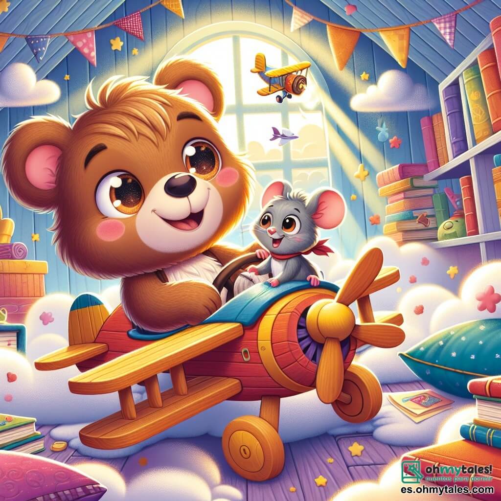 Un pequeño osito llamado Bruno, con un suave pelaje marrón y ojos chispeantes de curiosidad, está sentado en su avión de madera y colores vivos, con una gran sonrisa en su rostro, listo para despegar en una aventura. A su lado, una pequeña ratón gris, con grandes orejas y una expresión de emoción, sostiene un mapa del tesoro, mirando con asombro los paisajes imaginarios que lo rodean. El lugar es un vasto y mágico ático, lleno de libros coloridos, almohadas suaves y rayos de luz filtrándose a través de ventanas polvorientas, creando una atmósfera cálida y encantada. La situación principal muestra a Bruno y a la ratón volando juntos en su avión, rodeados de nubes de algodón y libros flotantes, listos para explorar tierras imaginarias llenas de sorpresas.